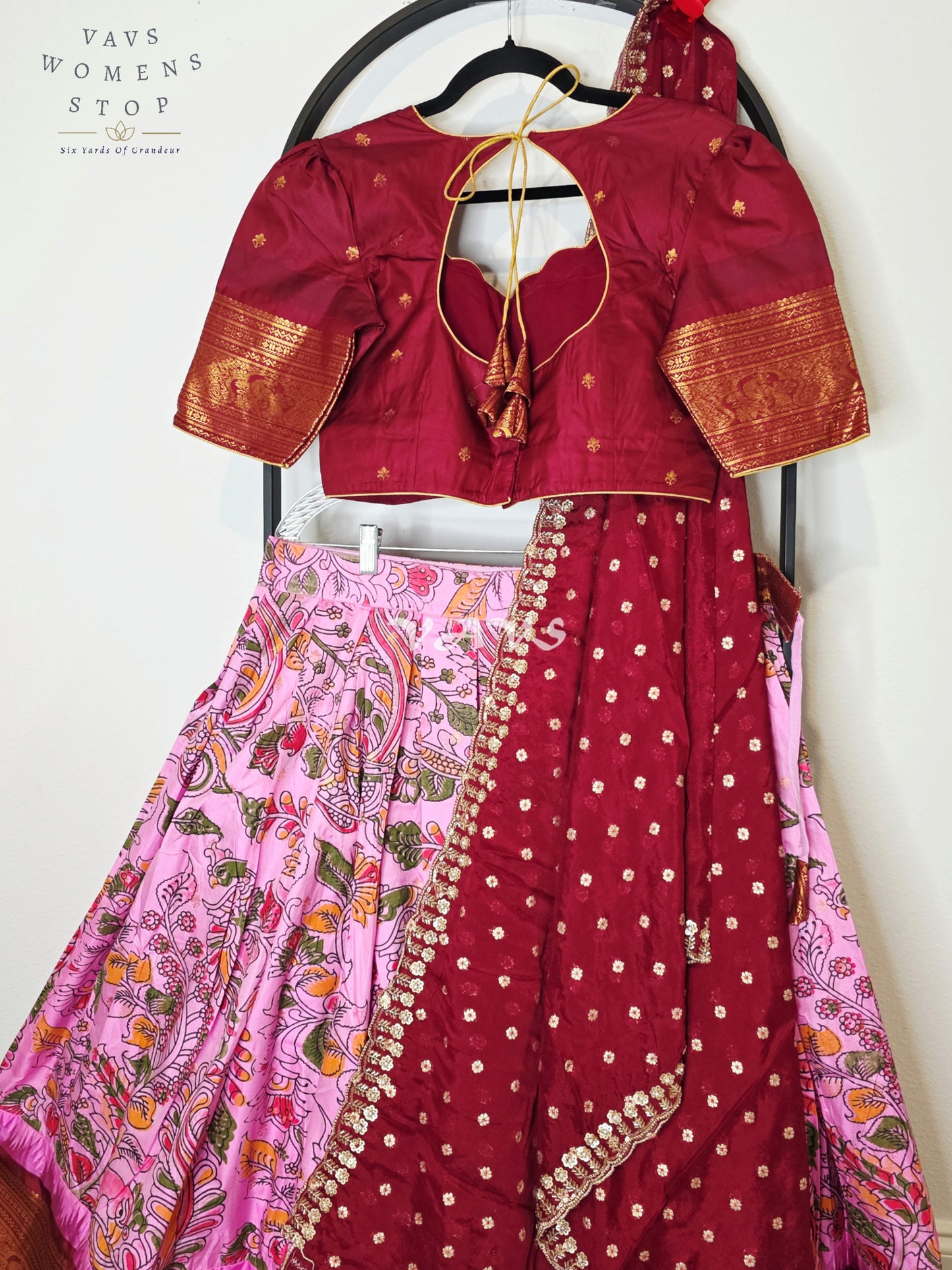 Royal Rose Blush Kalamkari Semi Gadwal Lehenga Set with Deep Wine Chinon Chiffon Dupatta & Blouse Size 38–44