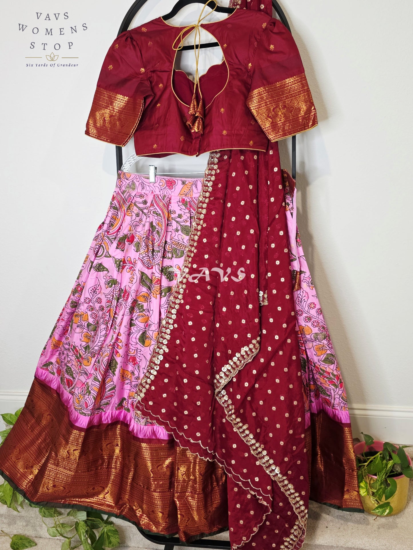 Royal Rose Blush Kalamkari Semi Gadwal Lehenga Set with Deep Wine Chinon Chiffon Dupatta & Blouse Size 38–44