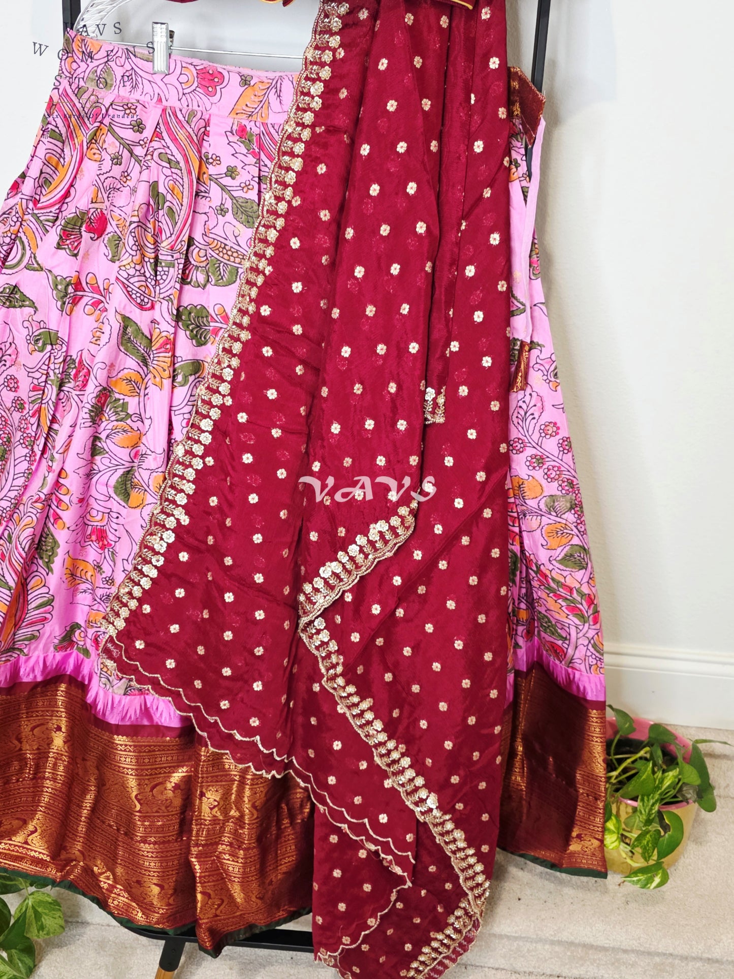 Royal Rose Blush Kalamkari Semi Gadwal Lehenga Set with Deep Wine Chinon Chiffon Dupatta & Blouse Size 38–44