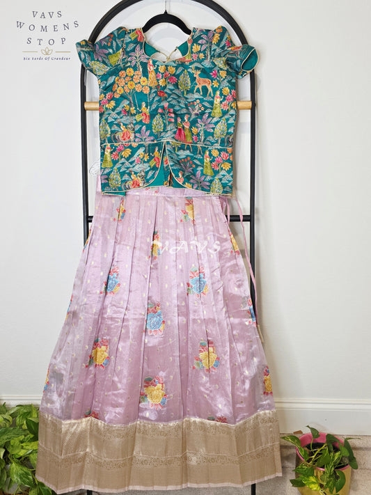 Royal Lavender Mist Floral Tissue Lehenga Set with Emerald Village Theme Woven Benarasi Crop Top for Girls Ages 9–10