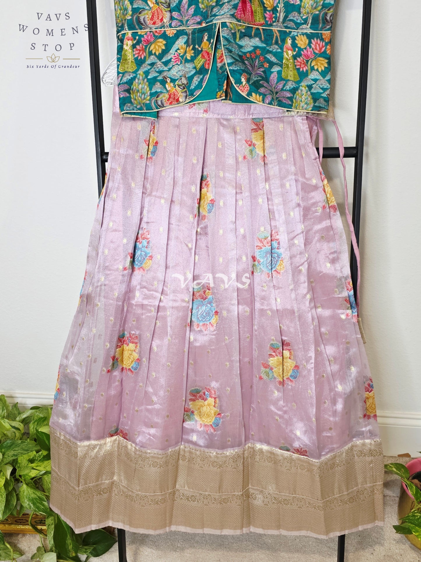 Royal Lavender Mist Floral Tissue Lehenga Set with Emerald Village Theme Woven Benarasi Crop Top for Girls Ages 9–10
