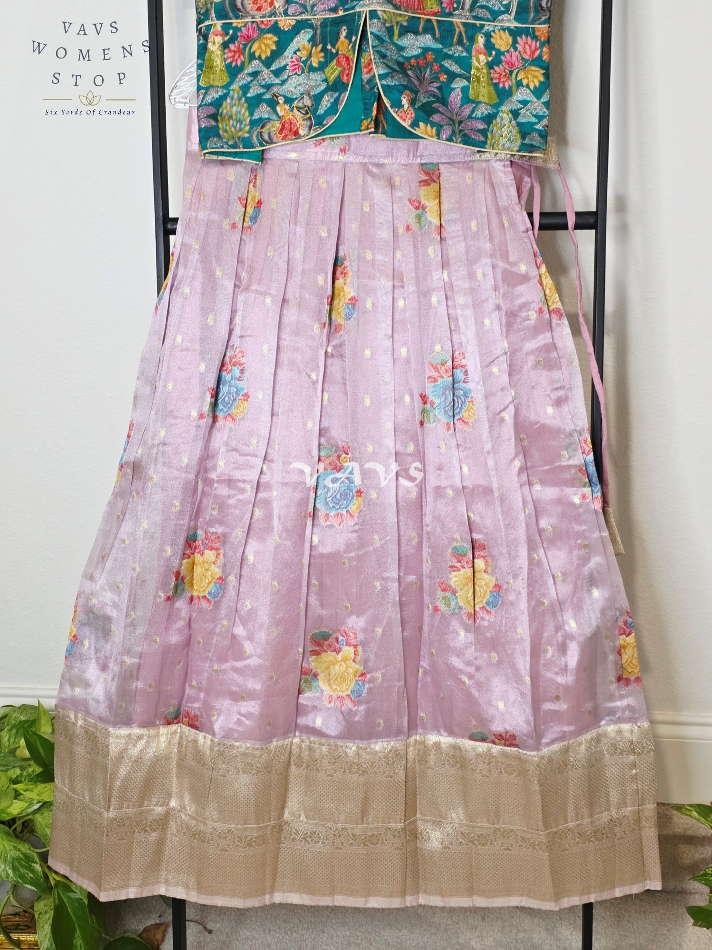Royal Lavender Mist Floral Tissue Lehenga Set with Emerald Village Theme Woven Benarasi Crop Top for Girls Ages 9–10