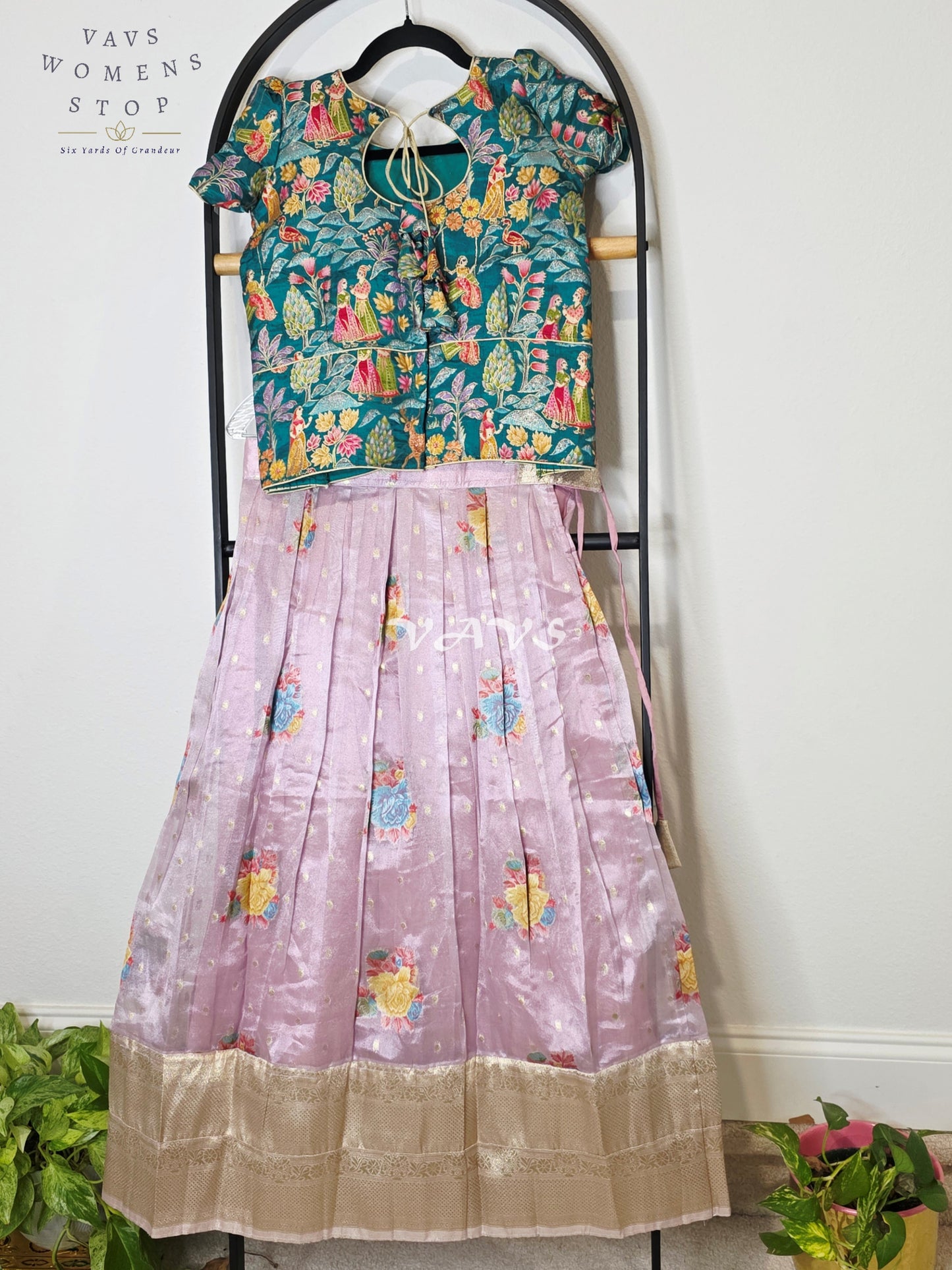 Royal Lavender Mist Floral Tissue Lehenga Set with Emerald Village Theme Woven Benarasi Crop Top for Girls Ages 9–10
