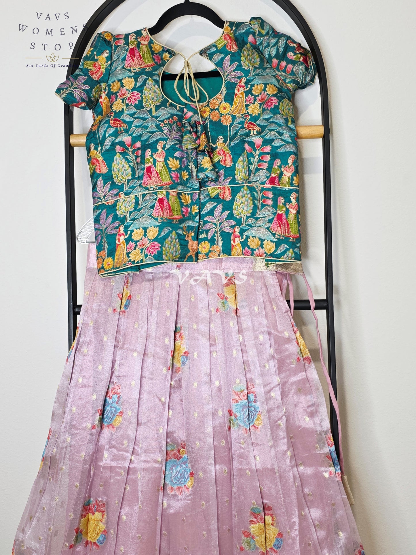 Royal Lavender Mist Floral Tissue Lehenga Set with Emerald Village Theme Woven Benarasi Crop Top for Girls Ages 9–10