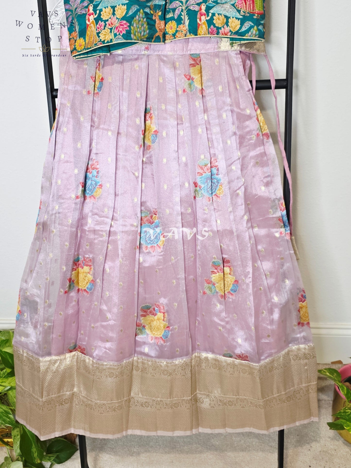 Royal Lavender Mist Floral Tissue Lehenga Set with Emerald Village Theme Woven Benarasi Crop Top for Girls Ages 9–10