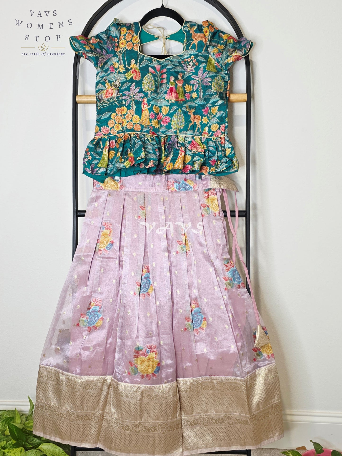 Royal Lavender Mist Floral Tissue Lehenga Set with Emerald Village Theme Woven Benarasi Crop Top for Girls Ages 6–7