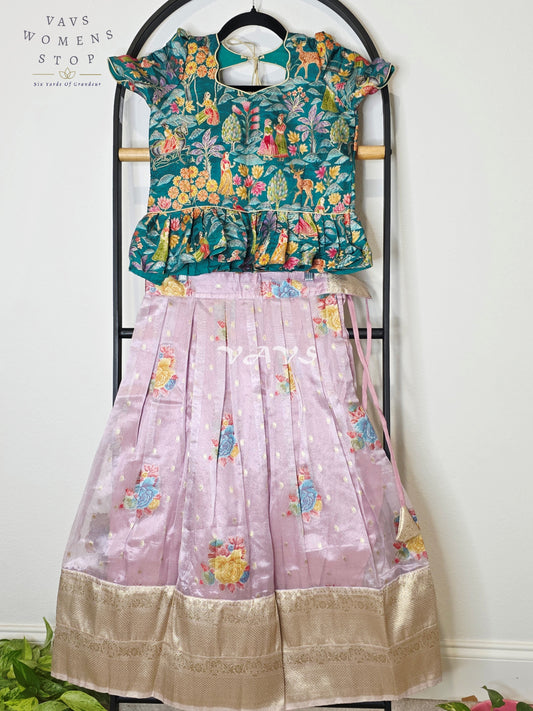 Royal Lavender Mist Floral Tissue Lehenga Set with Emerald Village Theme Woven Benarasi Crop Top for Girls Ages 6–7