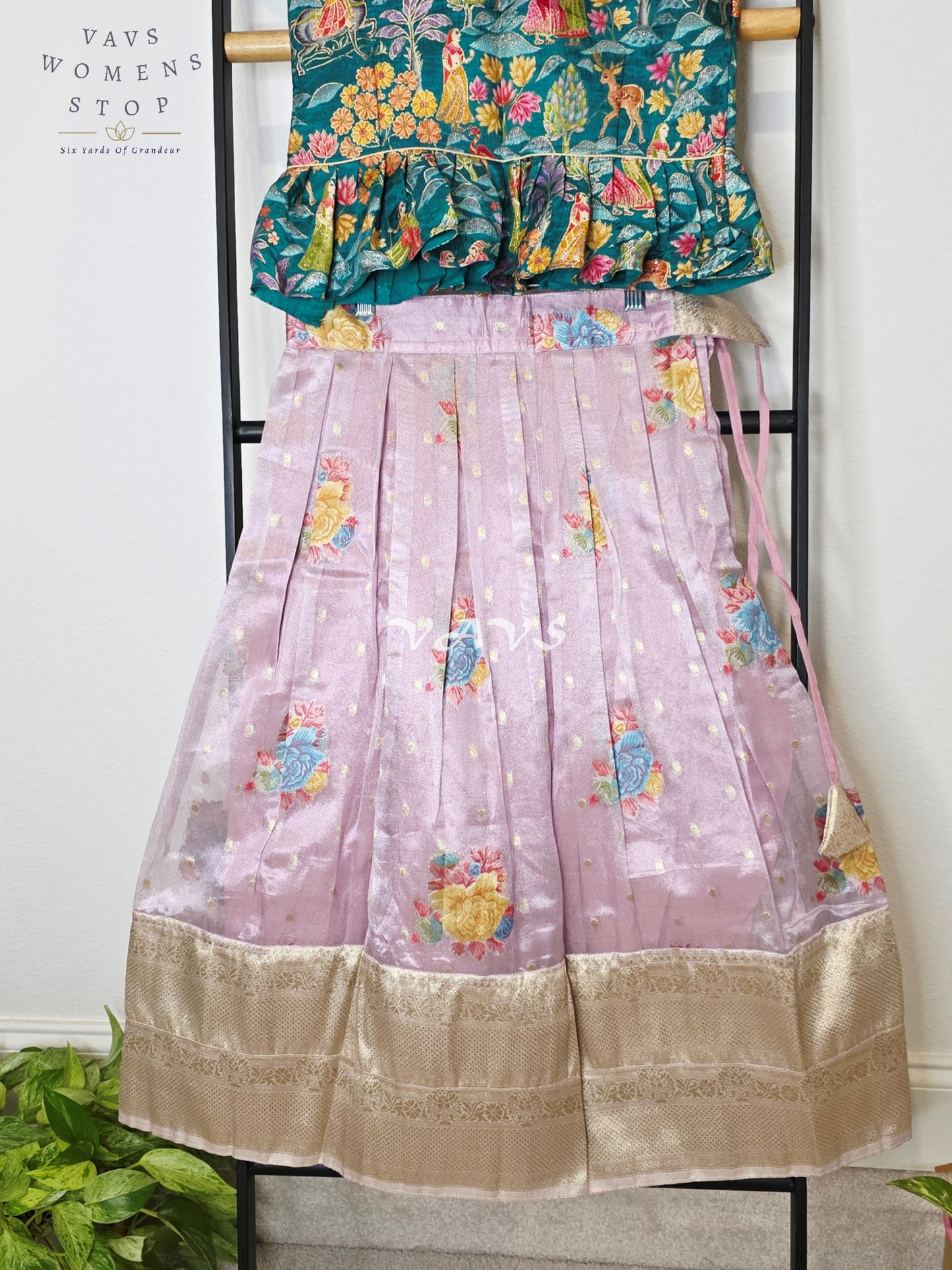 Royal Lavender Mist Floral Tissue Lehenga Set with Emerald Village Theme Woven Benarasi Crop Top for Girls Ages 6–7