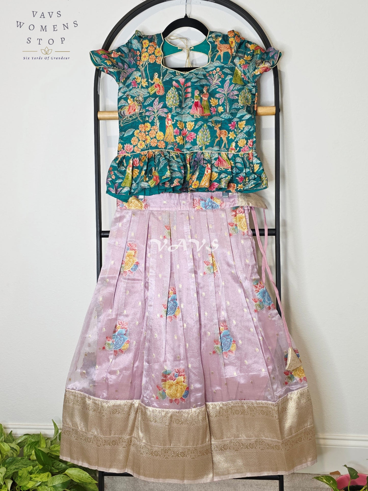 Royal Lavender Mist Floral Tissue Lehenga Set with Emerald Village Theme Woven Benarasi Crop Top for Girls Ages 6–7