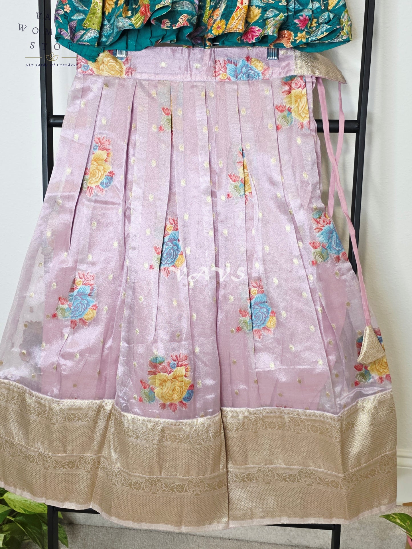 Royal Lavender Mist Floral Tissue Lehenga Set with Emerald Village Theme Woven Benarasi Crop Top for Girls Ages 6–7