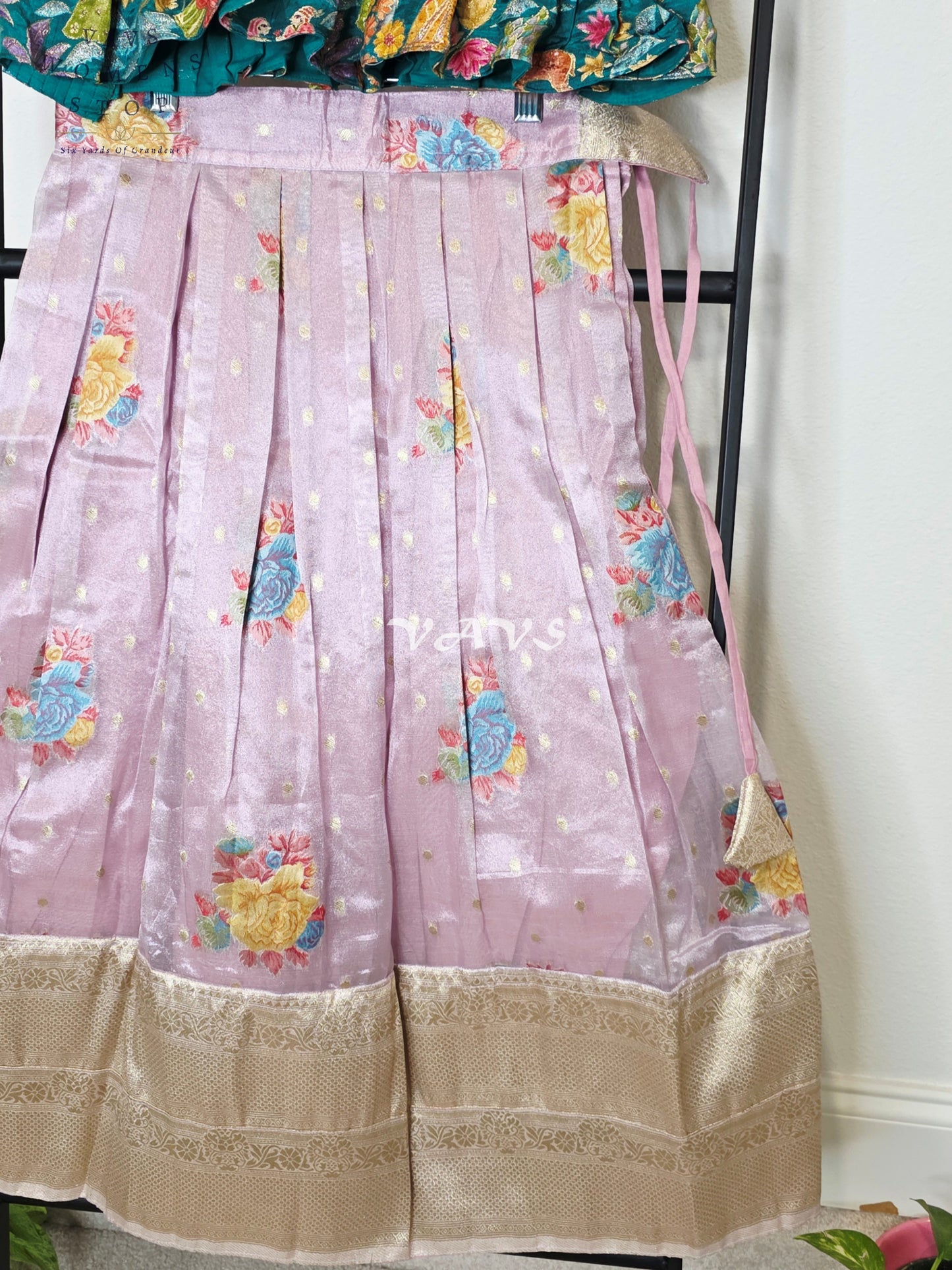 Royal Lavender Mist Floral Tissue Lehenga Set with Emerald Village Theme Woven Benarasi Crop Top for Girls Ages 6–7