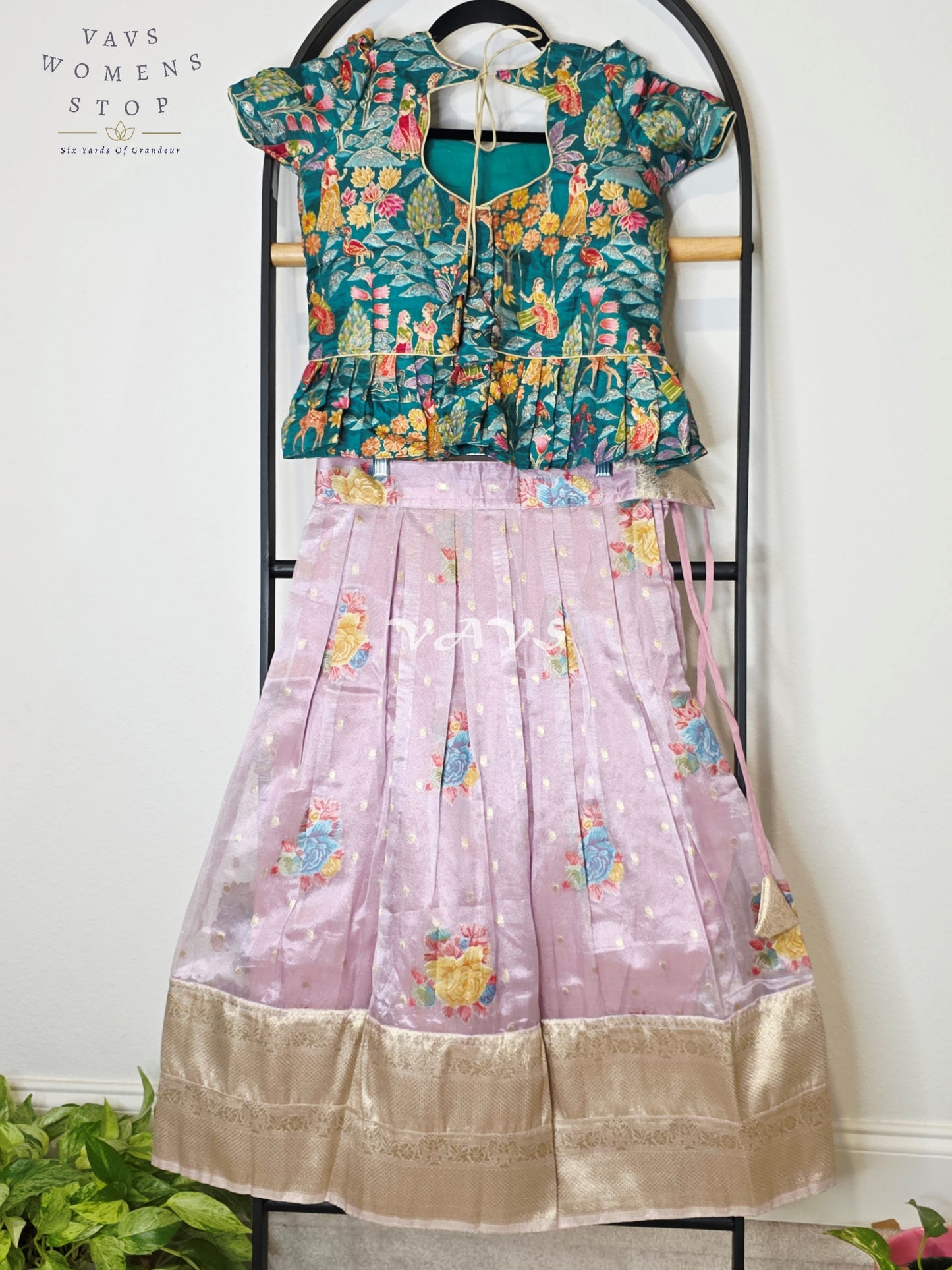 Royal Lavender Mist Floral Tissue Lehenga Set with Emerald Village Theme Woven Benarasi Crop Top for Girls Ages 6–7