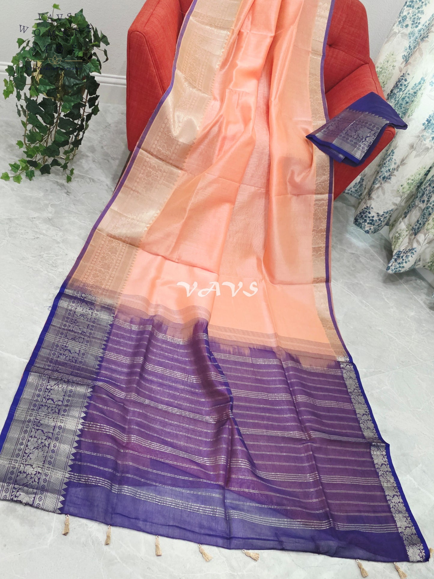 Royal Peach Blossom Mangalagiri Pattu Silk Cotton Saree with Royal Violet Kanchi Border & Unstitched Blouse