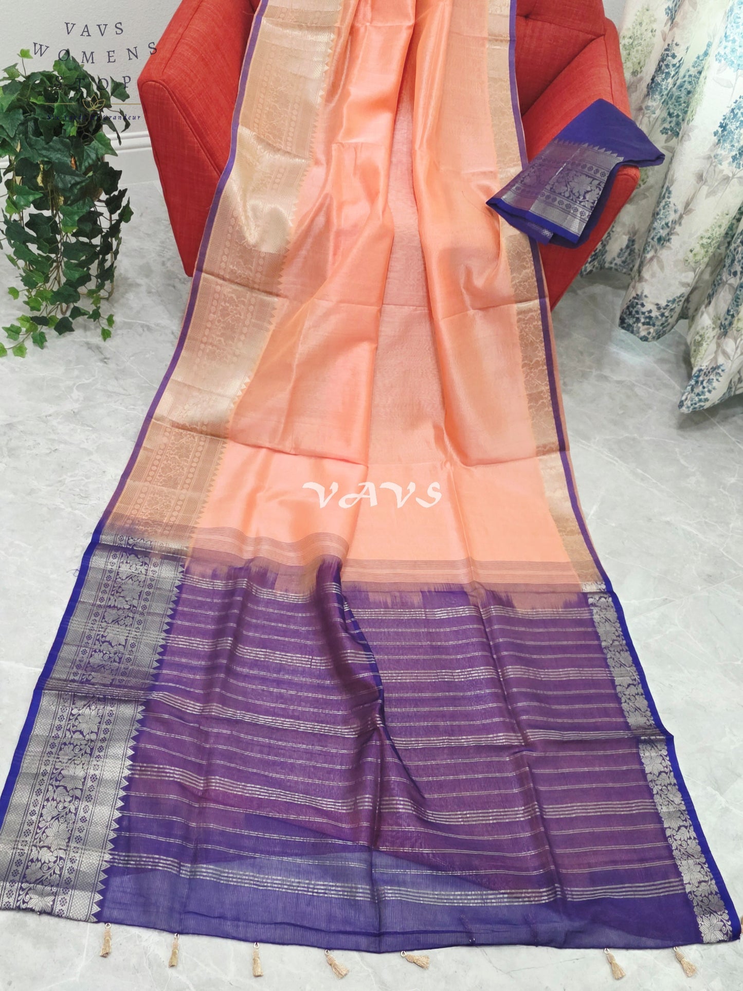 Royal Peach Blossom Mangalagiri Pattu Silk Cotton Saree with Royal Violet Kanchi Border & Unstitched Blouse