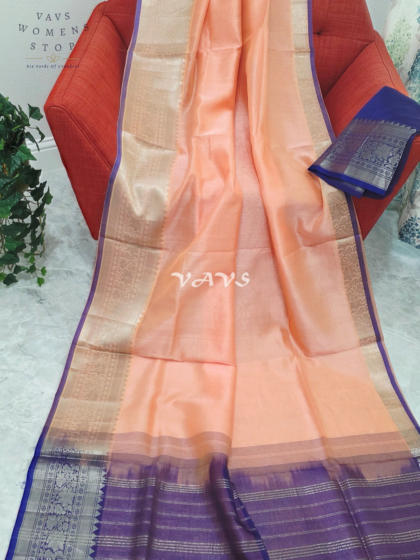 Royal Peach Blossom Mangalagiri Pattu Silk Cotton Saree with Royal Violet Kanchi Border & Unstitched Blouse