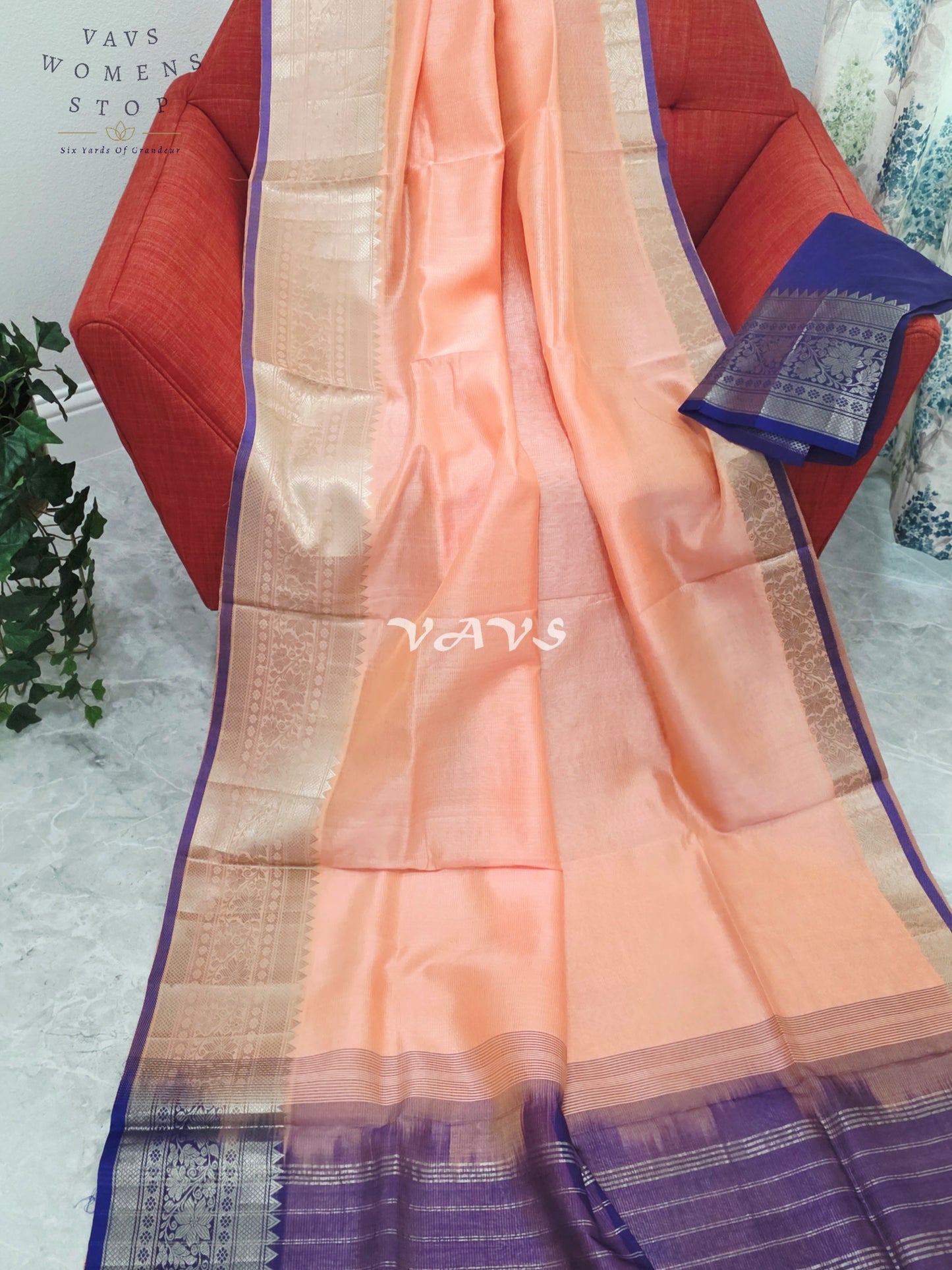 Royal Peach Blossom Mangalagiri Pattu Silk Cotton Saree with Royal Violet Kanchi Border & Unstitched Blouse