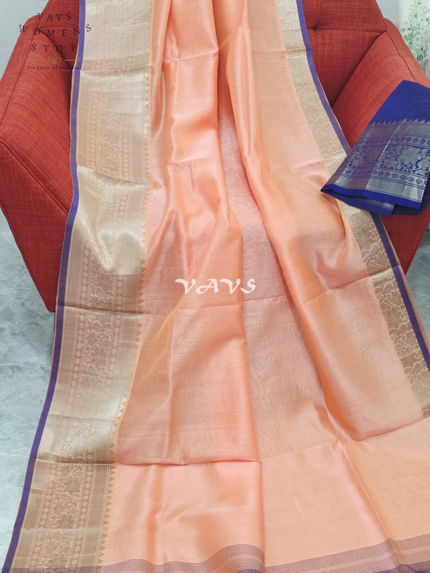 Royal Peach Blossom Mangalagiri Pattu Silk Cotton Saree with Royal Violet Kanchi Border & Unstitched Blouse