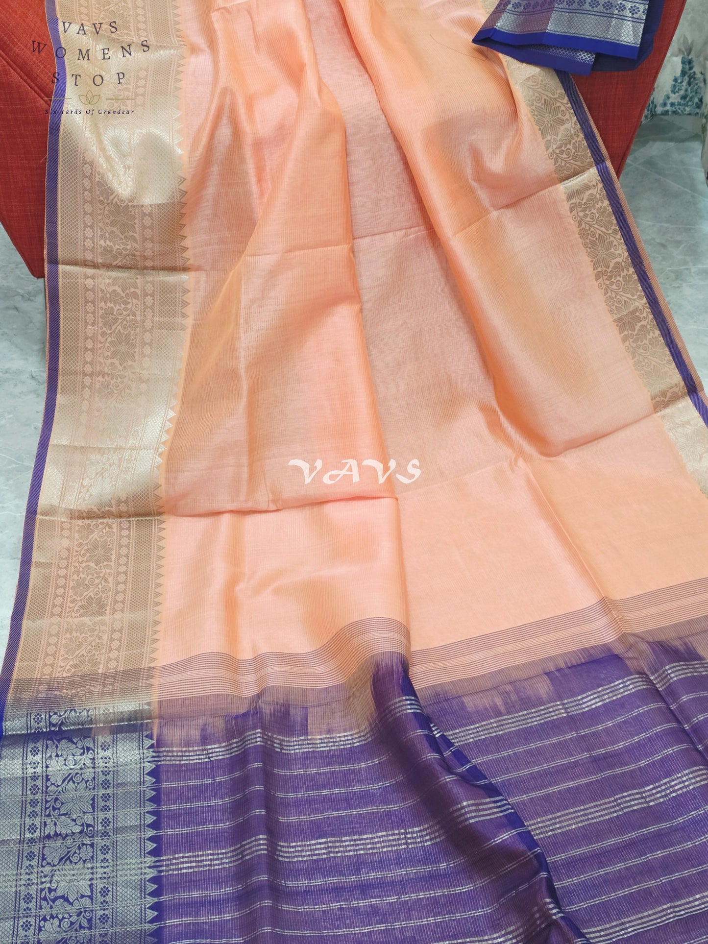 Royal Peach Blossom Mangalagiri Pattu Silk Cotton Saree with Royal Violet Kanchi Border & Unstitched Blouse