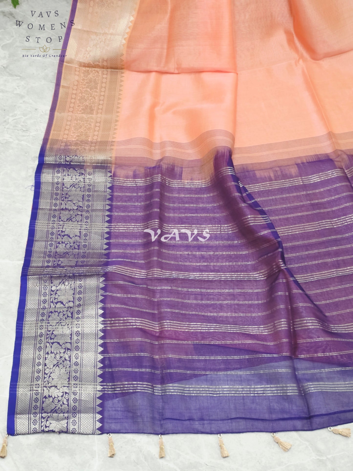 Royal Peach Blossom Mangalagiri Pattu Silk Cotton Saree with Royal Violet Kanchi Border & Unstitched Blouse