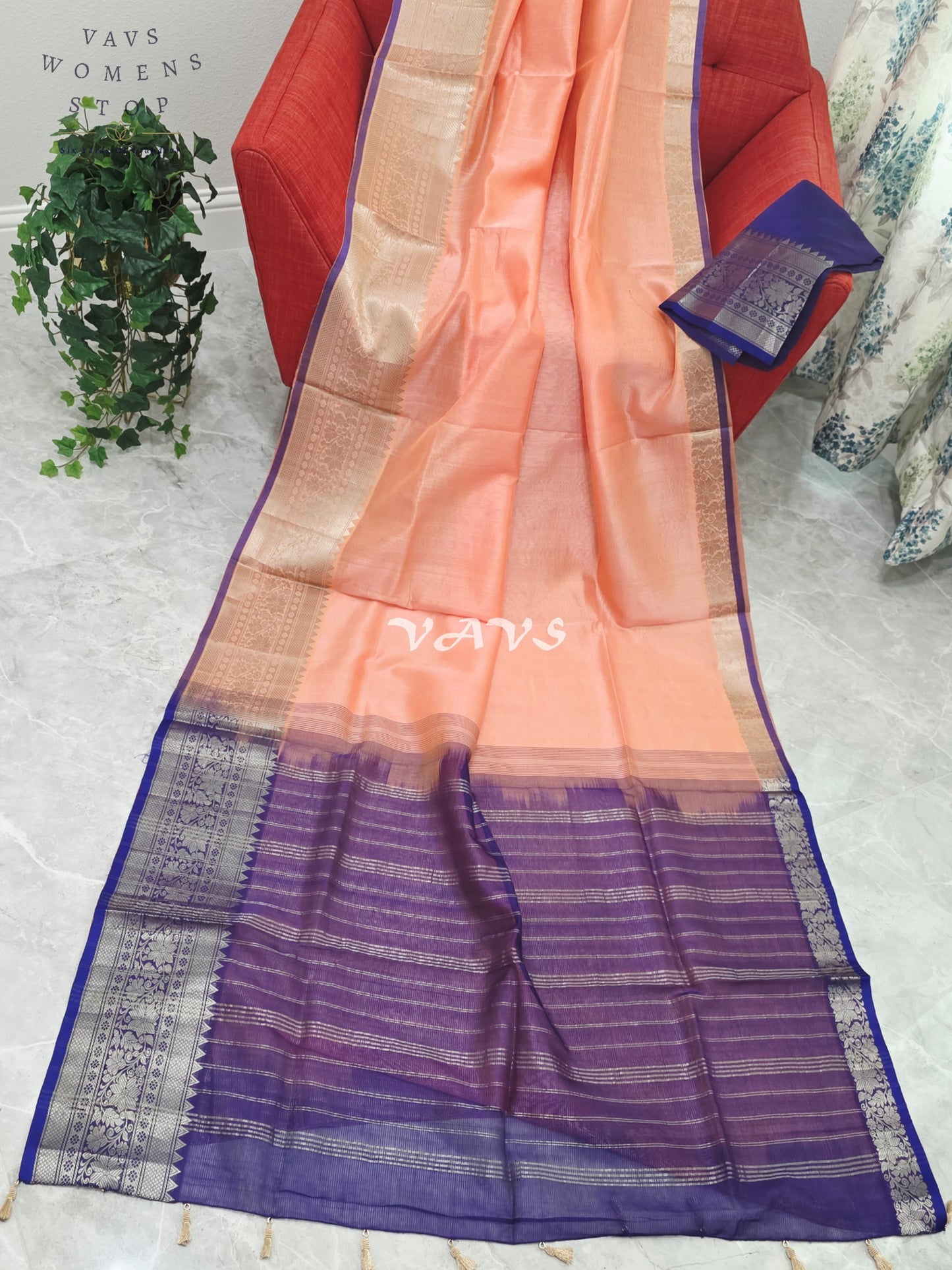 Royal Peach Blossom Mangalagiri Pattu Silk Cotton Saree with Royal Violet Kanchi Border & Unstitched Blouse