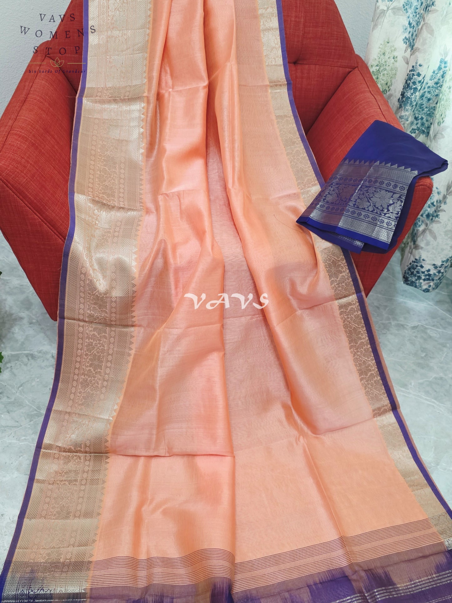 Royal Peach Blossom Mangalagiri Pattu Silk Cotton Saree with Royal Violet Kanchi Border & Unstitched Blouse