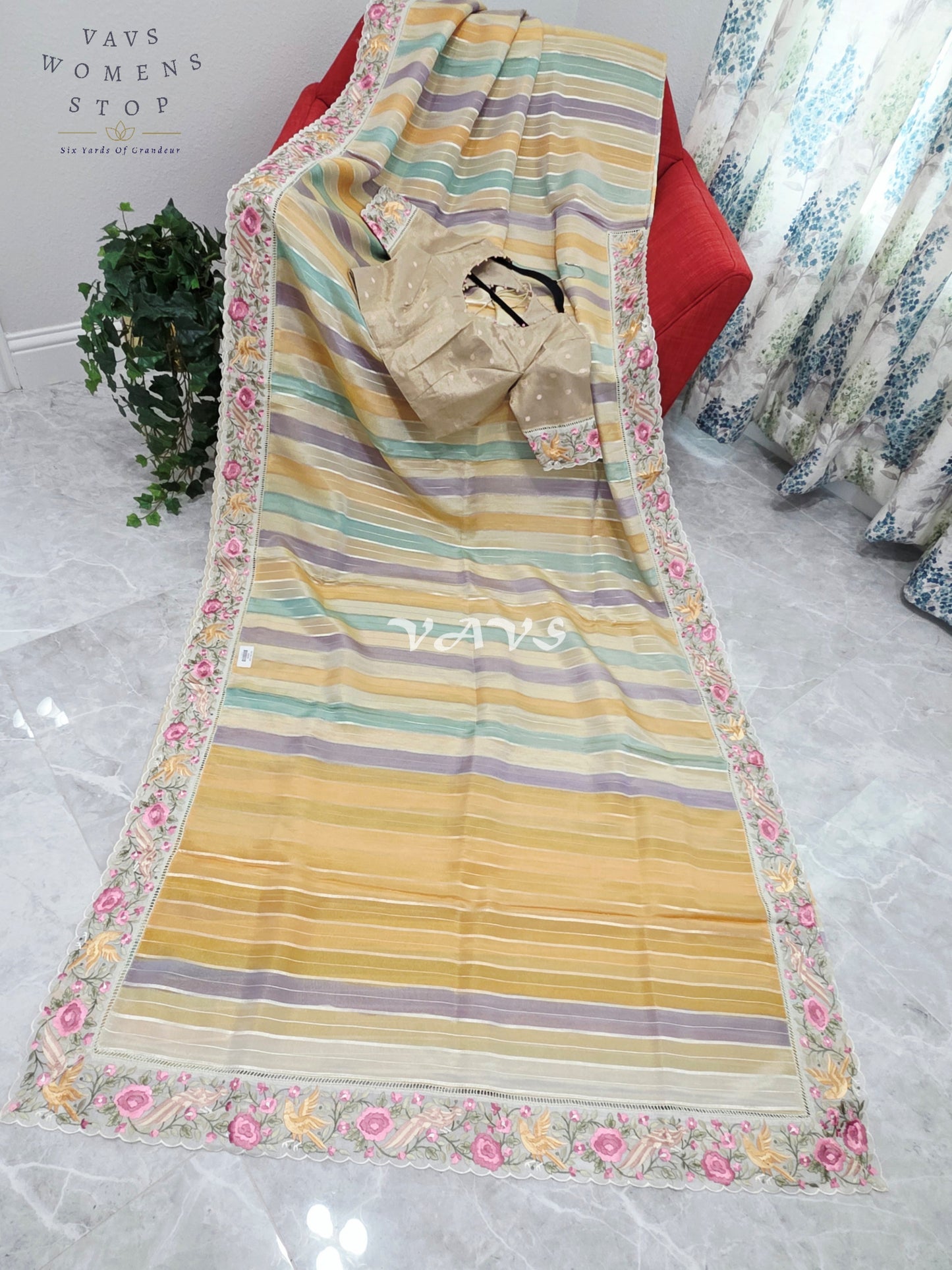Soft Falling Tissue Stripes Designer Saree with Floral Border & Stitched Blouse
