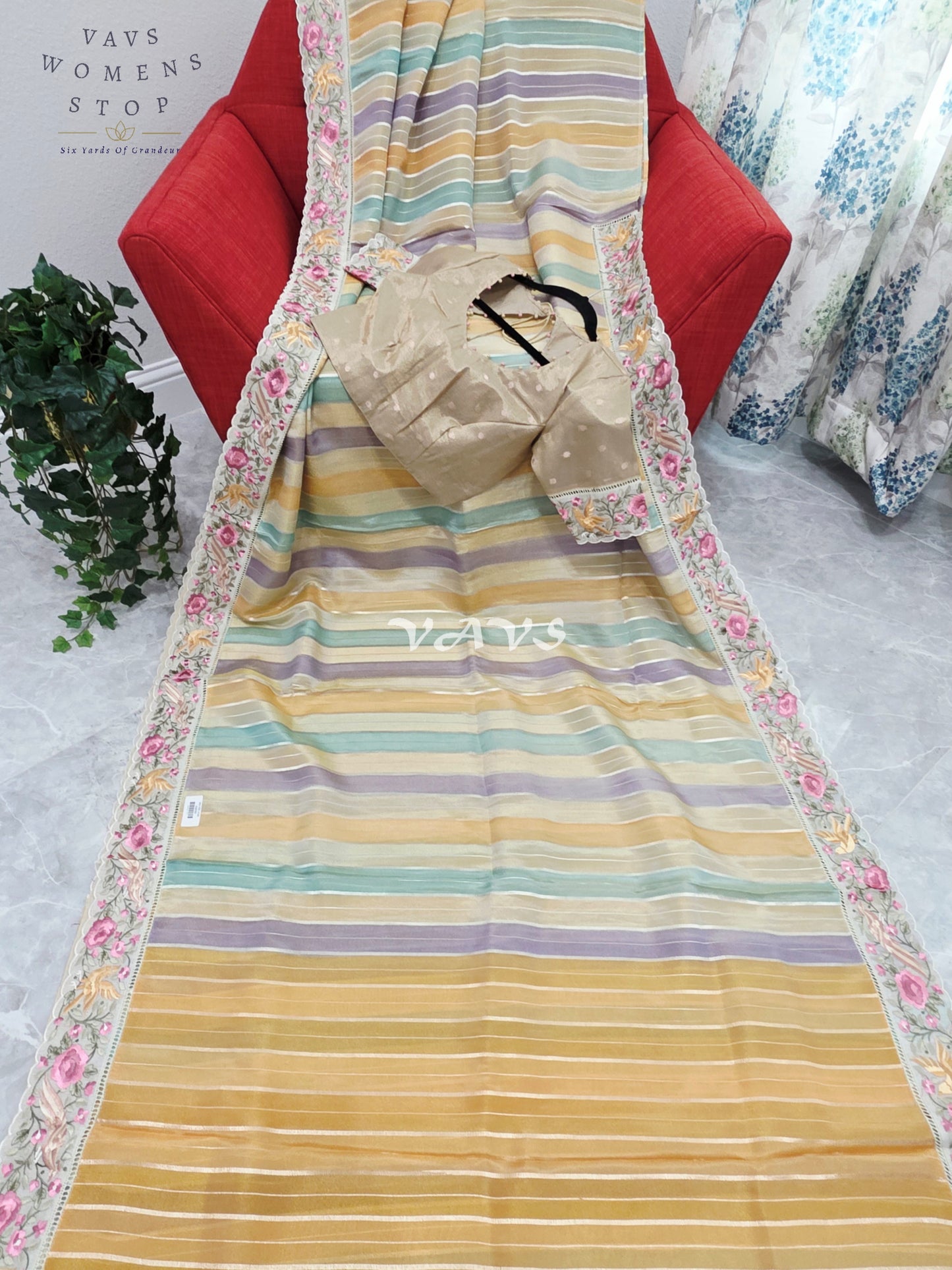 Soft Falling Tissue Stripes Designer Saree with Floral Border & Stitched Blouse