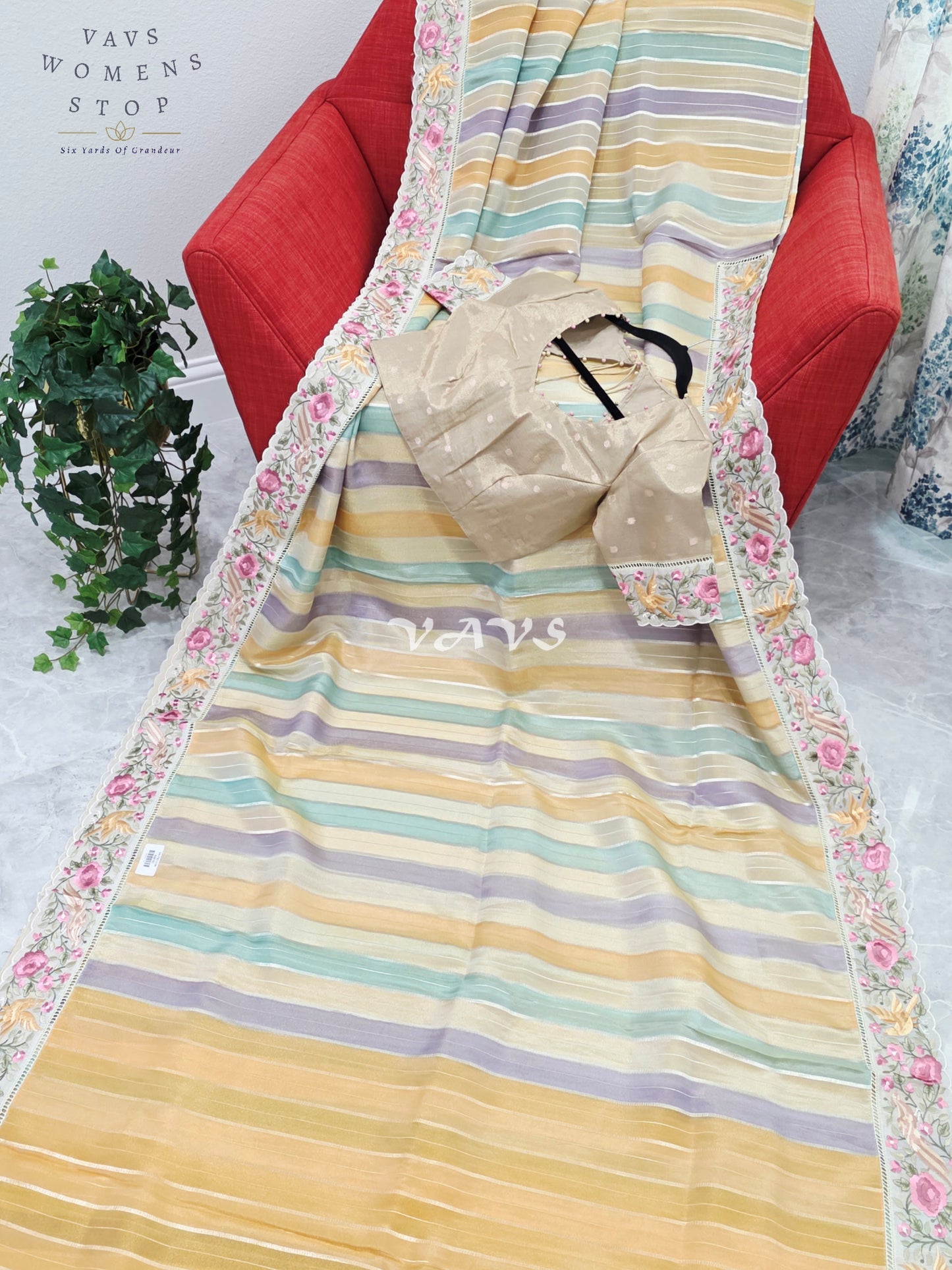 Soft Falling Tissue Stripes Designer Saree with Floral Border & Stitched Blouse