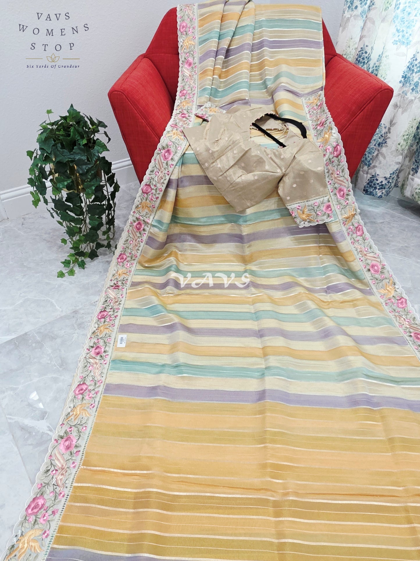 Soft Falling Tissue Stripes Designer Saree with Floral Border & Stitched Blouse