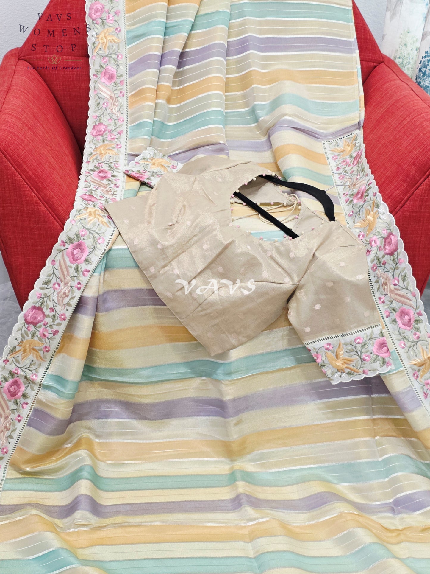 Soft Falling Tissue Stripes Designer Saree with Floral Border & Stitched Blouse