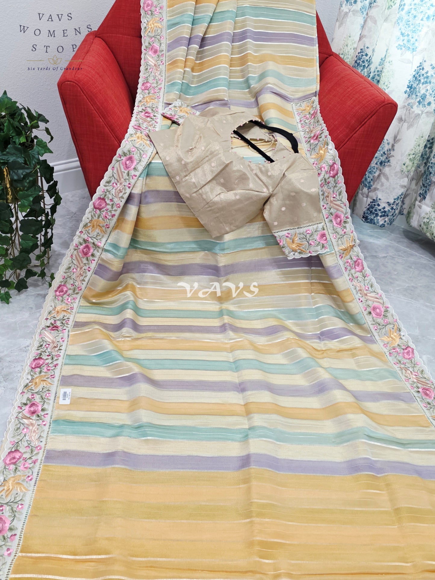 Soft Falling Tissue Stripes Designer Saree with Floral Border & Stitched Blouse