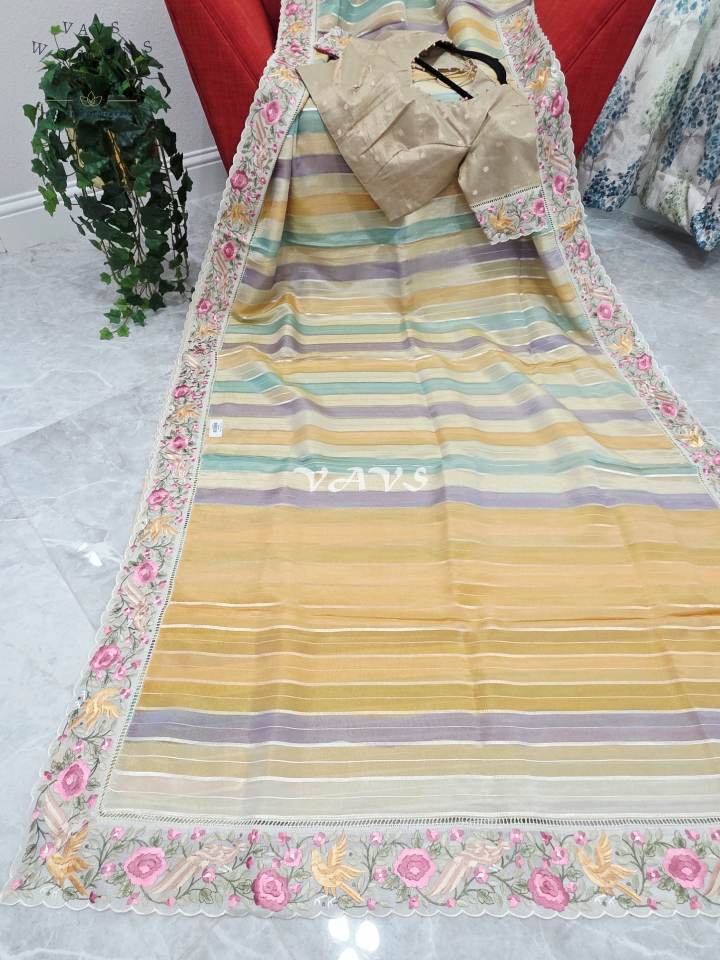 Soft Falling Tissue Stripes Designer Saree with Floral Border & Stitched Blouse