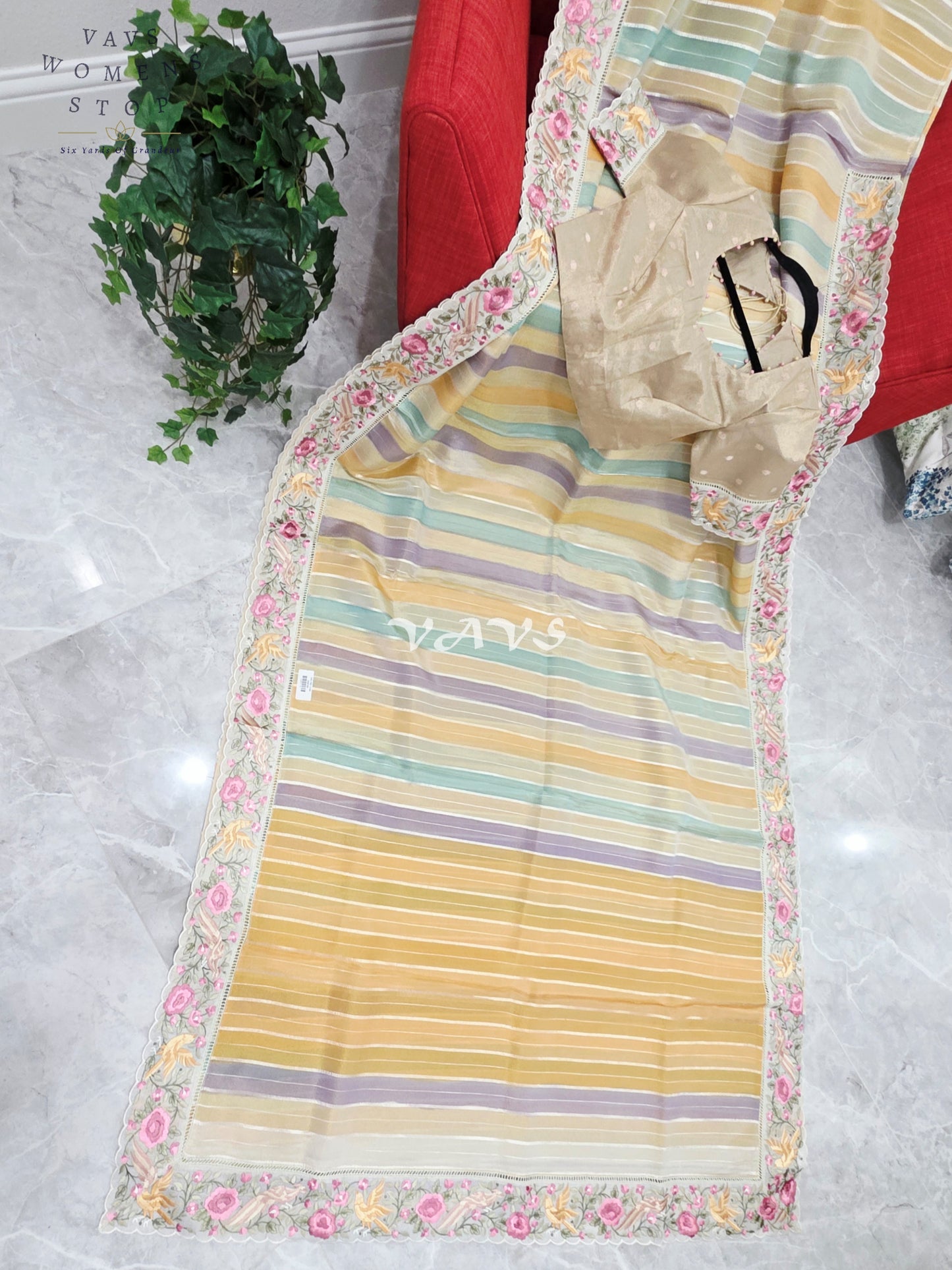 Soft Falling Tissue Stripes Designer Saree with Floral Border & Stitched Blouse
