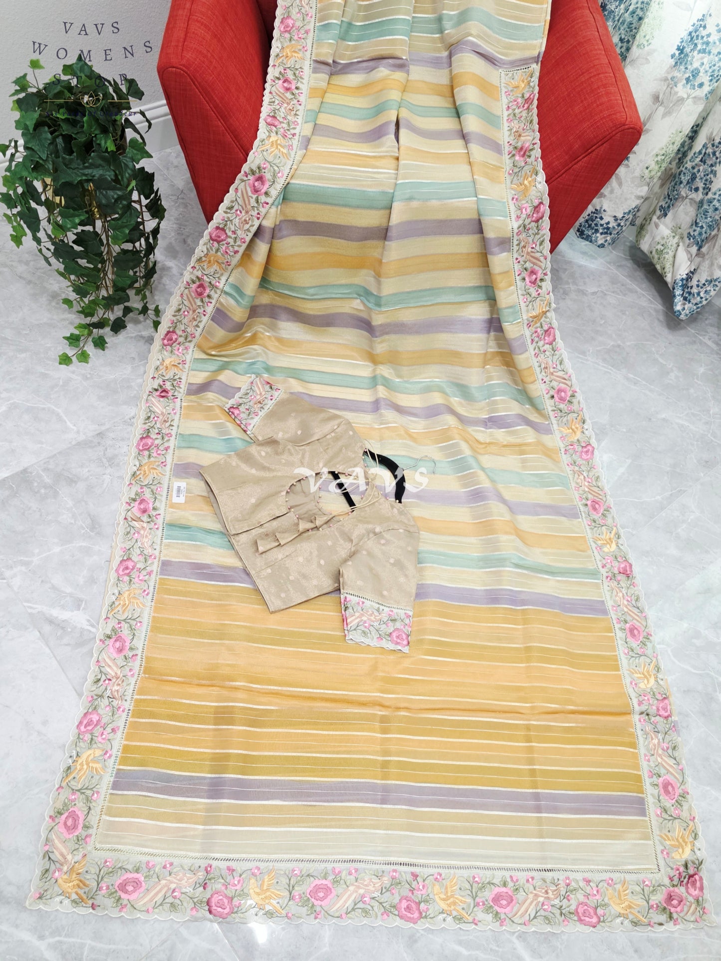 Soft Falling Tissue Stripes Designer Saree with Floral Border & Stitched Blouse