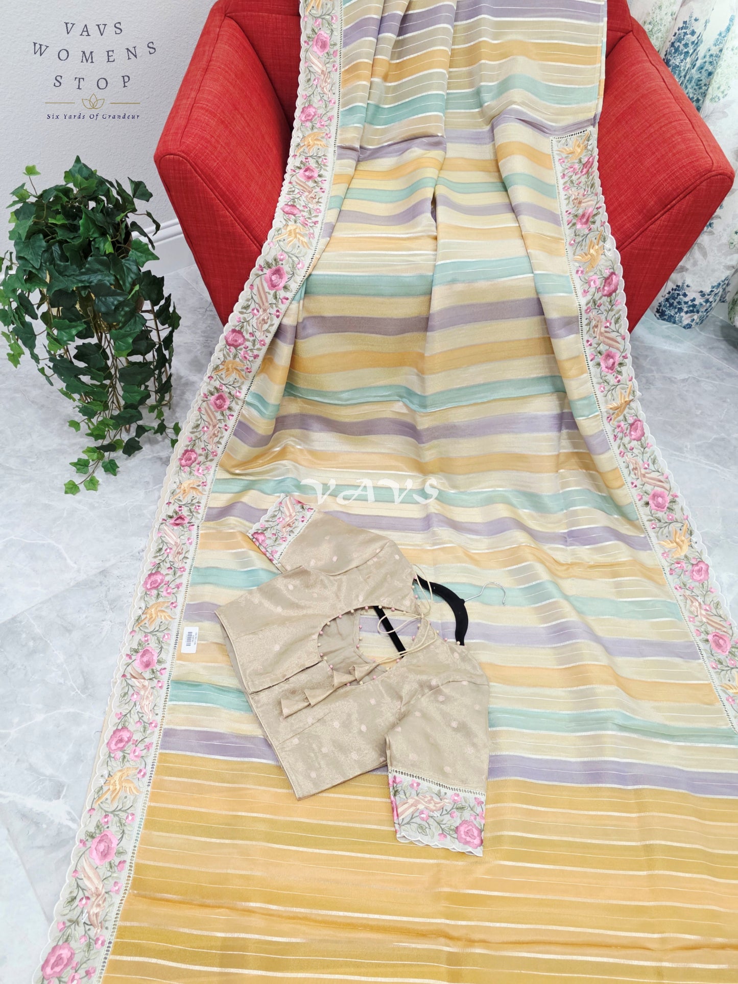 Soft Falling Tissue Stripes Designer Saree with Floral Border & Stitched Blouse