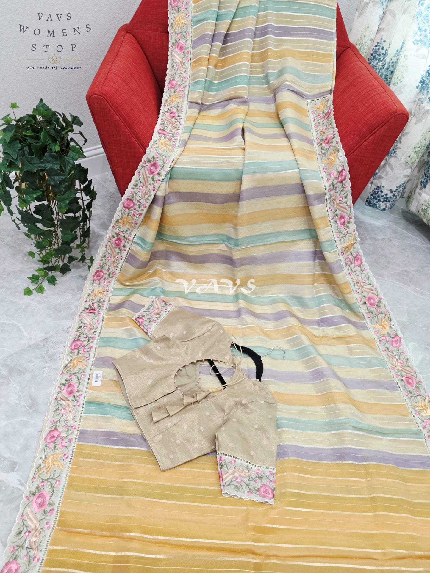 Soft Falling Tissue Stripes Designer Saree with Floral Border & Stitched Blouse