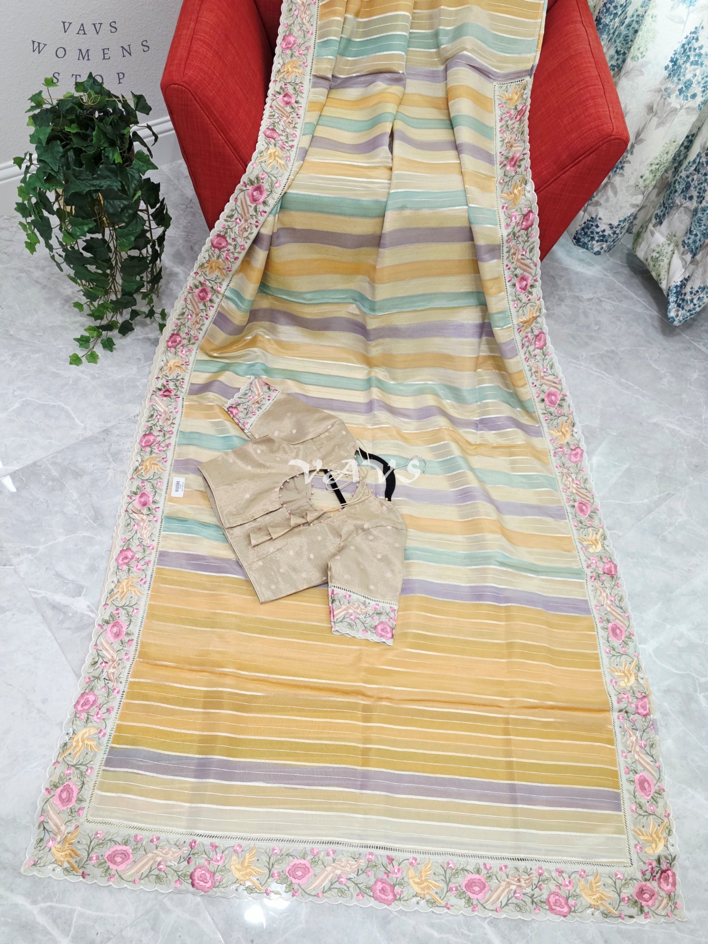 Soft Falling Tissue Stripes Designer Saree with Floral Border & Stitched Blouse