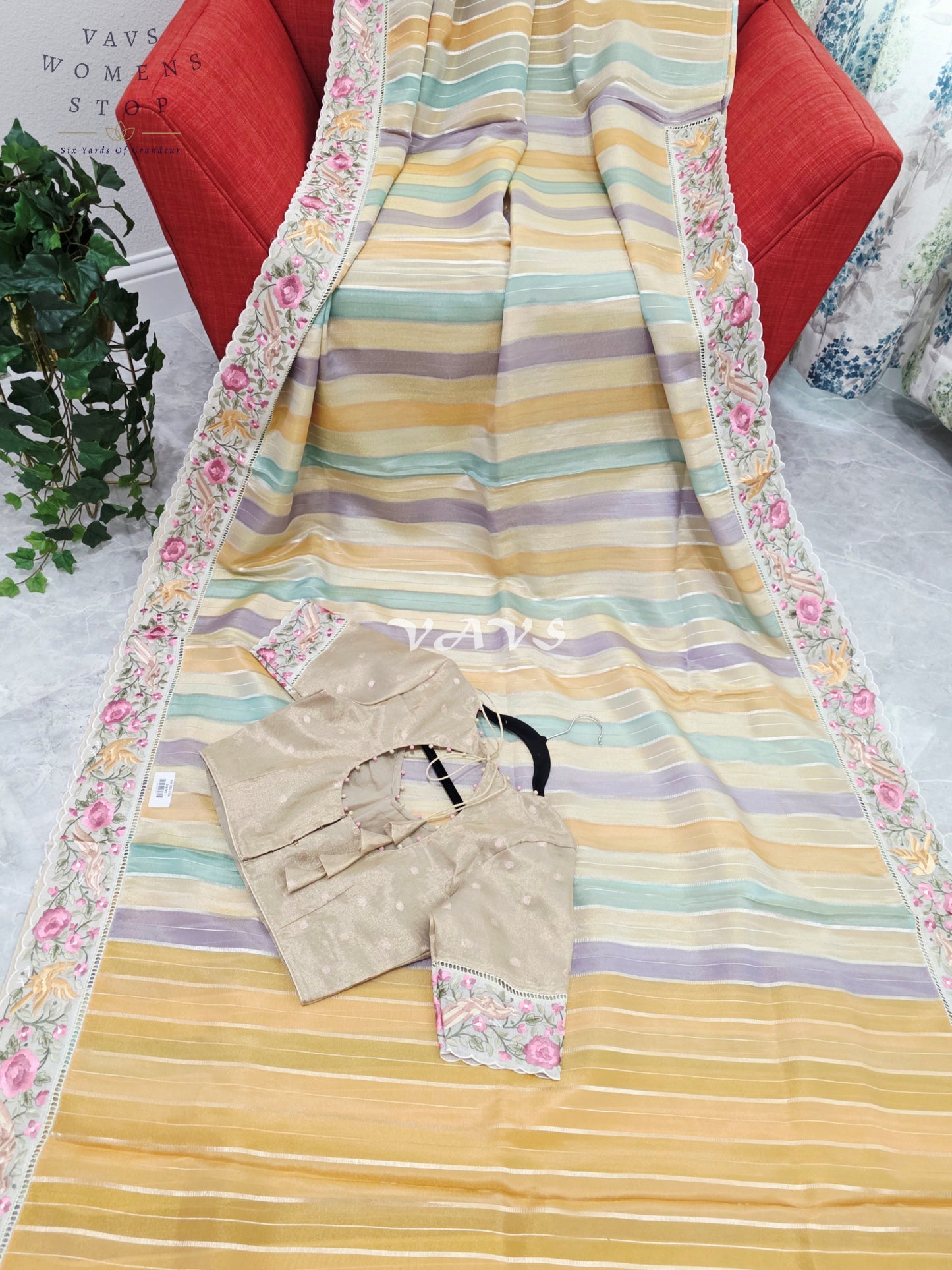 Soft Falling Tissue Stripes Designer Saree with Floral Border & Stitched Blouse