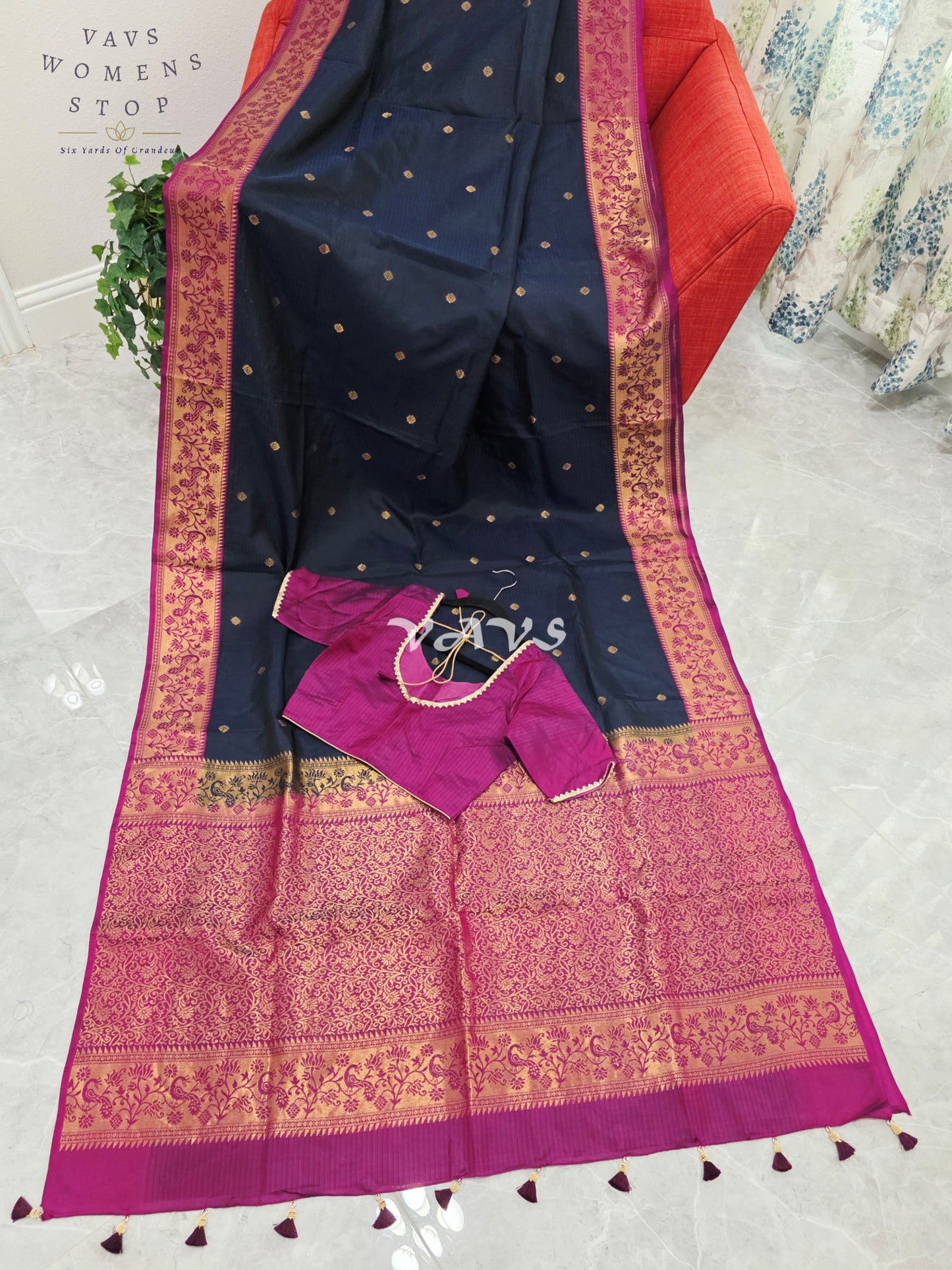Royal Midnight Navy Pure Kanchi Soft Silk Saree with Rani Pink Paithani Border & Stitched Blouse Size 34-40