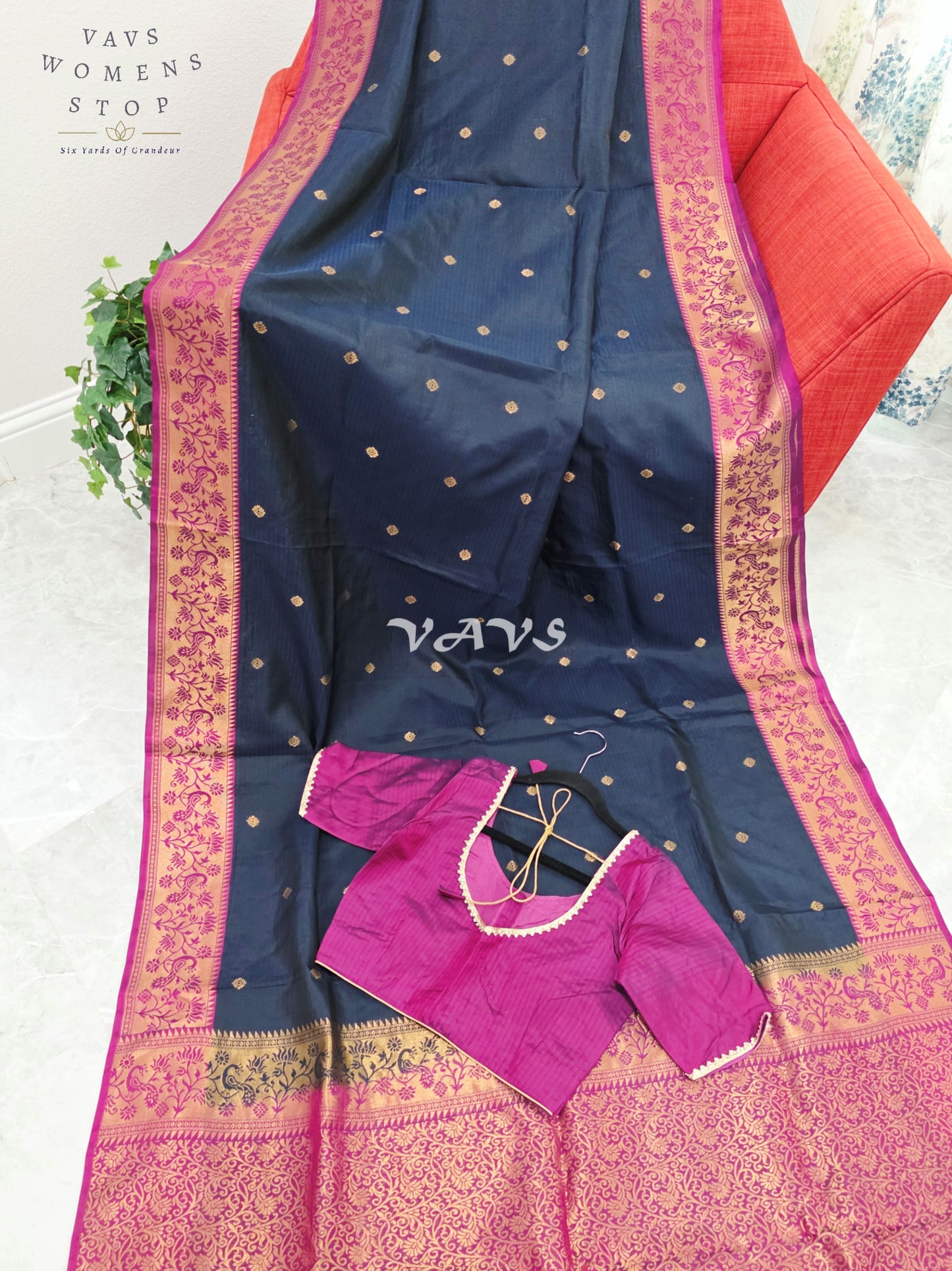 Royal Midnight Navy Pure Kanchi Soft Silk Saree with Rani Pink Paithani Border & Stitched Blouse Size 34-40