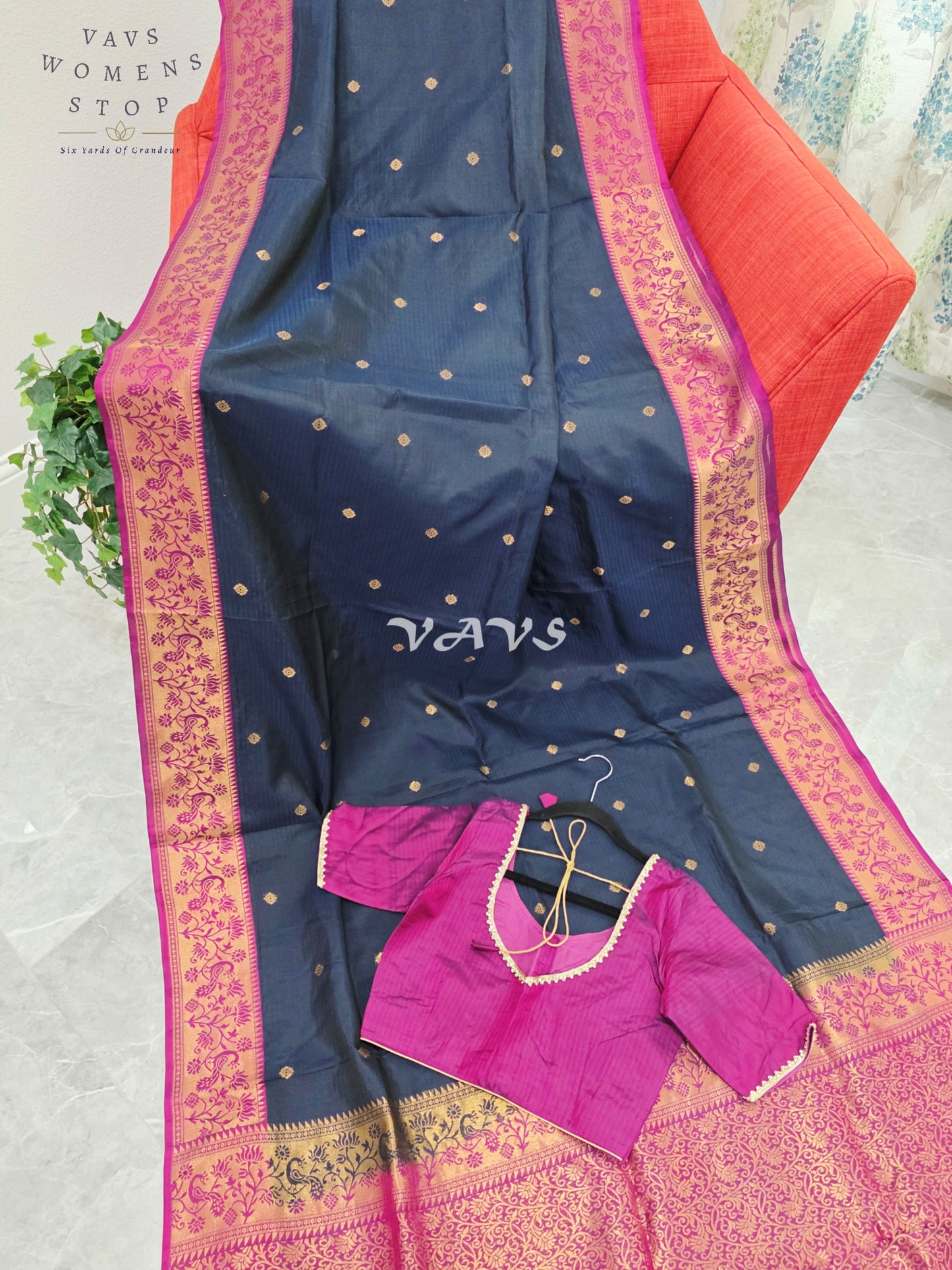 Royal Midnight Navy Pure Kanchi Soft Silk Saree with Rani Pink Paithani Border & Stitched Blouse Size 34-40