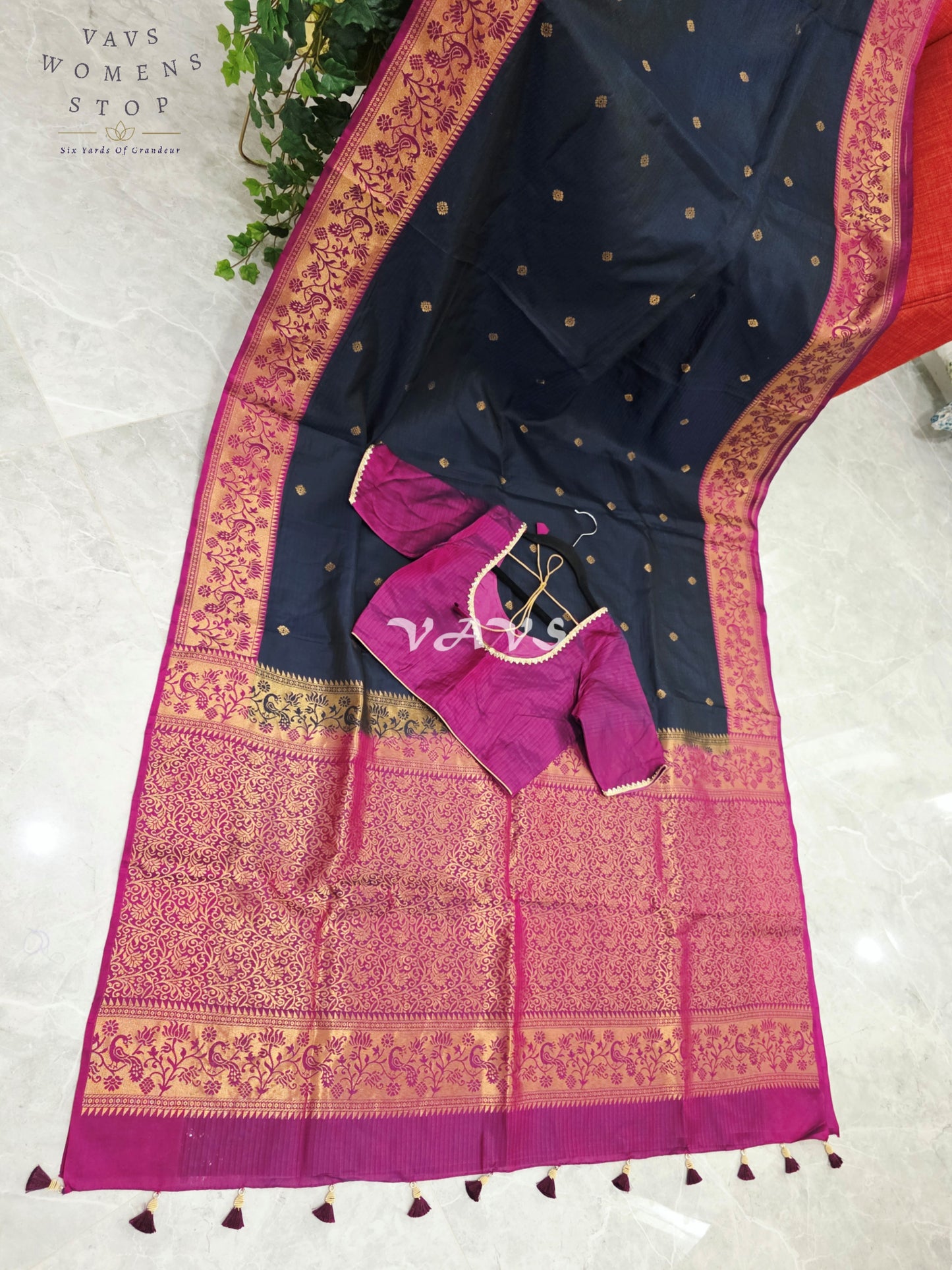 Royal Midnight Navy Pure Kanchi Soft Silk Saree with Rani Pink Paithani Border & Stitched Blouse Size 34-40
