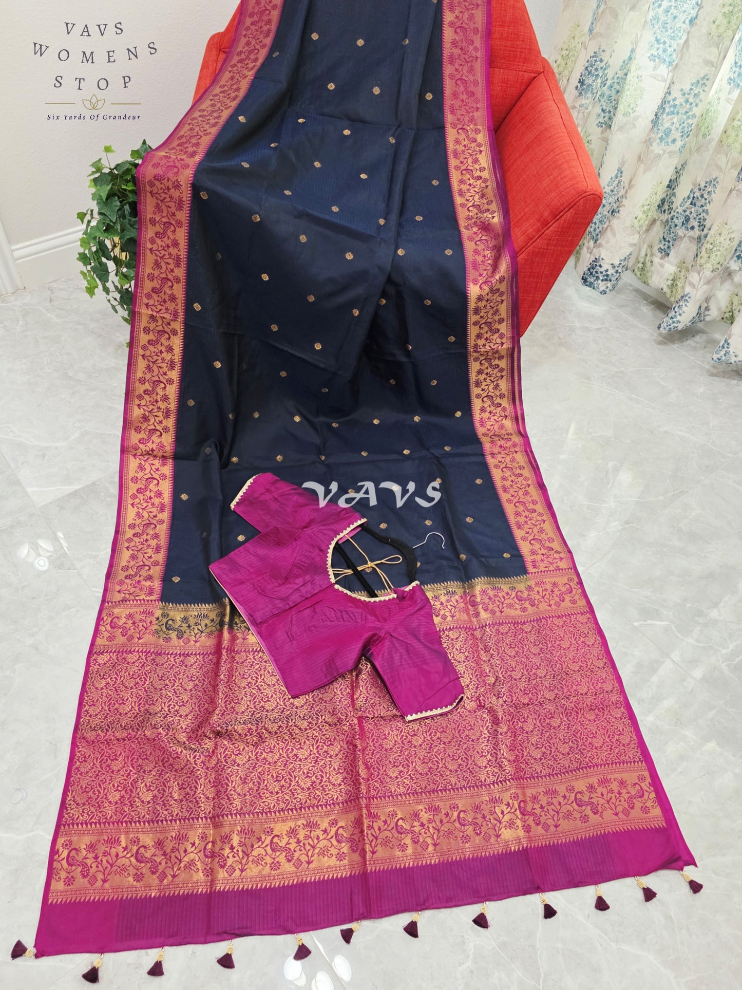 Royal Midnight Navy Pure Kanchi Soft Silk Saree with Rani Pink Paithani Border & Stitched Blouse Size 34-40
