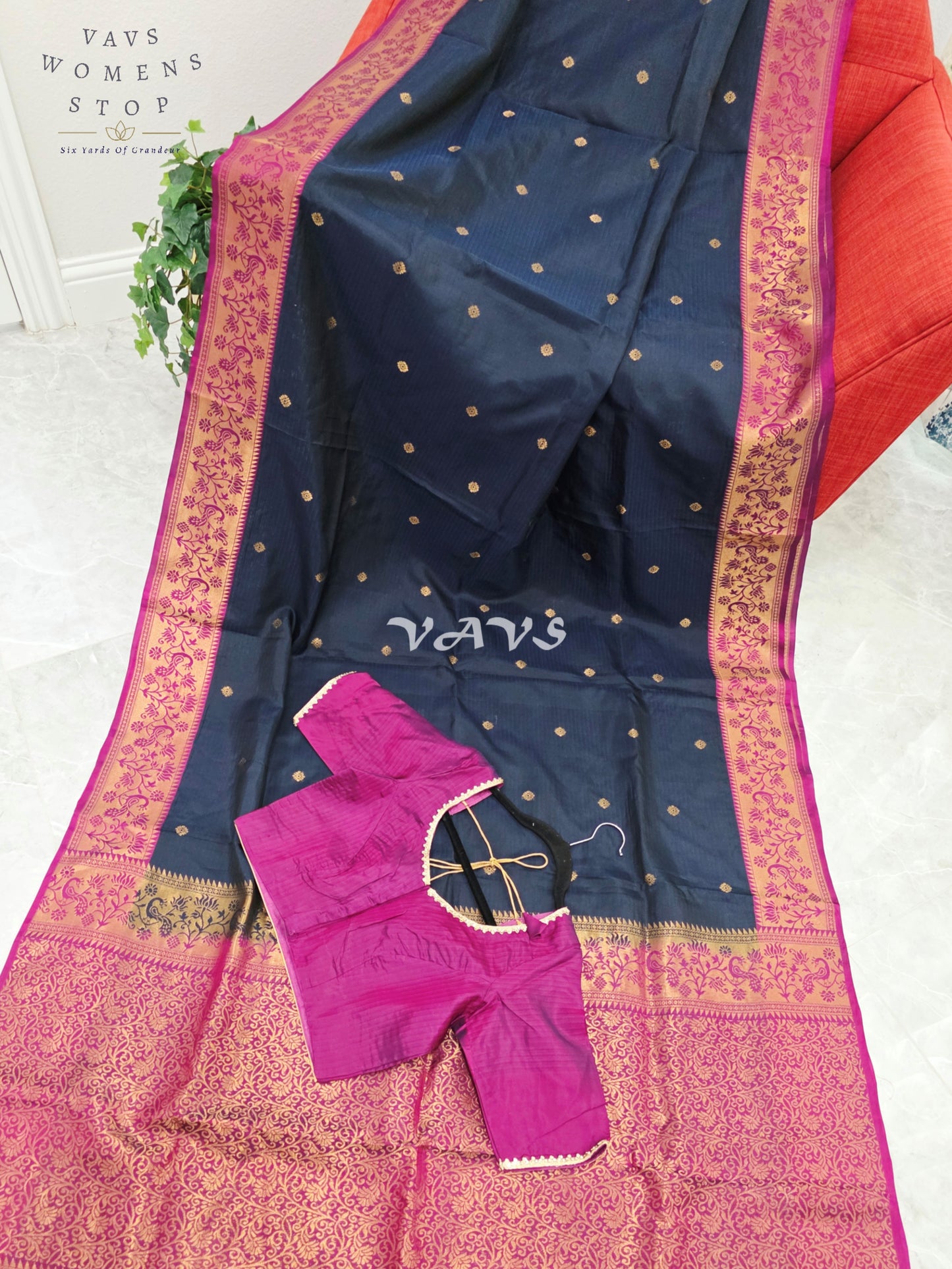 Royal Midnight Navy Pure Kanchi Soft Silk Saree with Rani Pink Paithani Border & Stitched Blouse Size 34-40