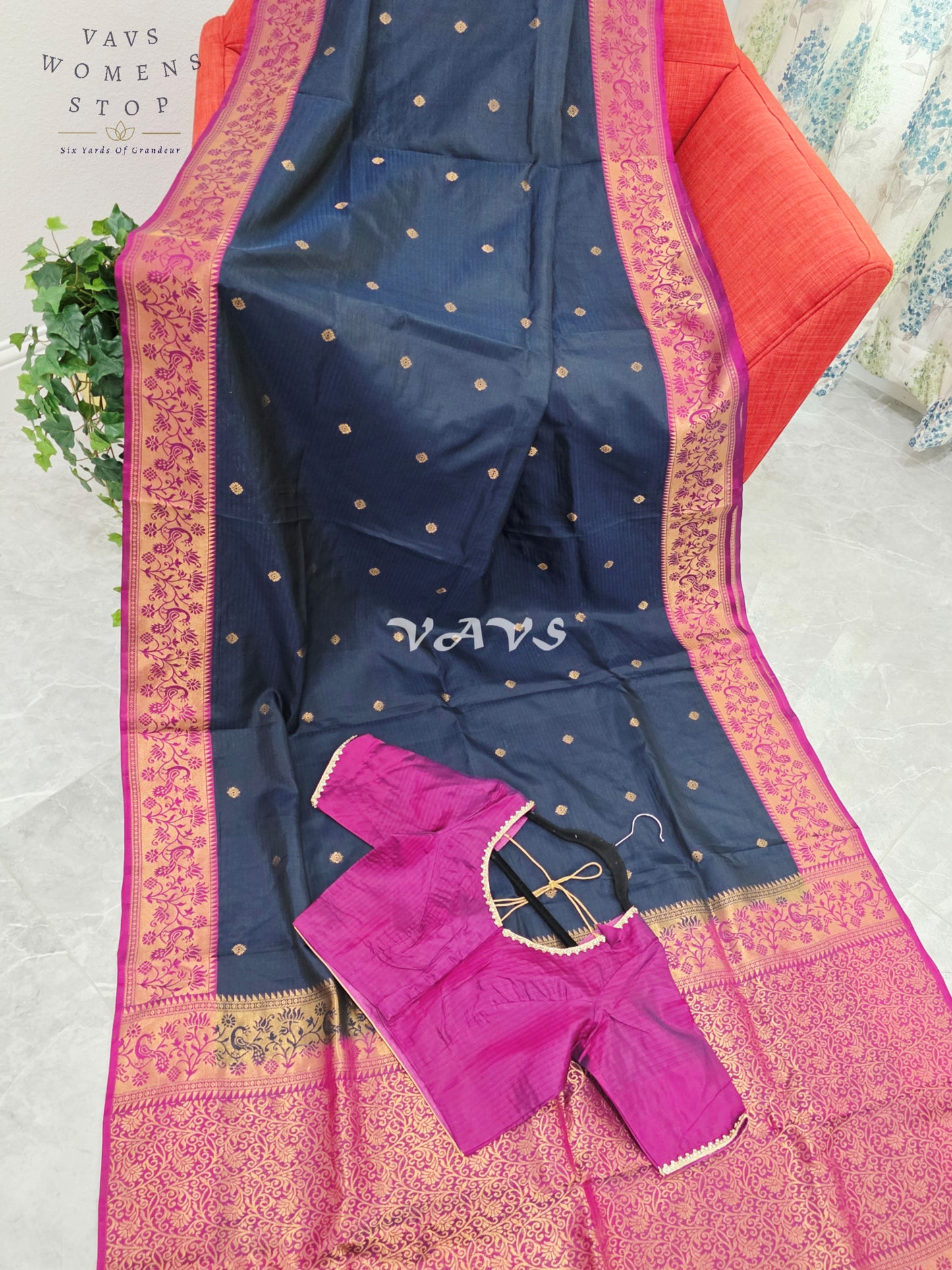 Royal Midnight Navy Pure Kanchi Soft Silk Saree with Rani Pink Paithani Border & Stitched Blouse Size 34-40