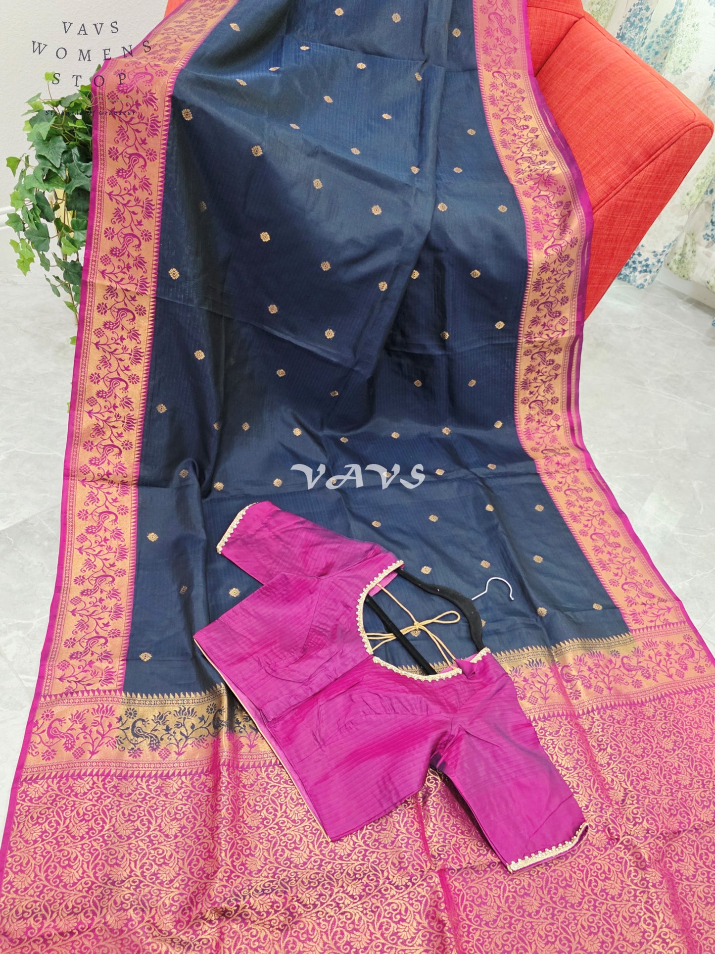 Royal Midnight Navy Pure Kanchi Soft Silk Saree with Rani Pink Paithani Border & Stitched Blouse Size 34-40