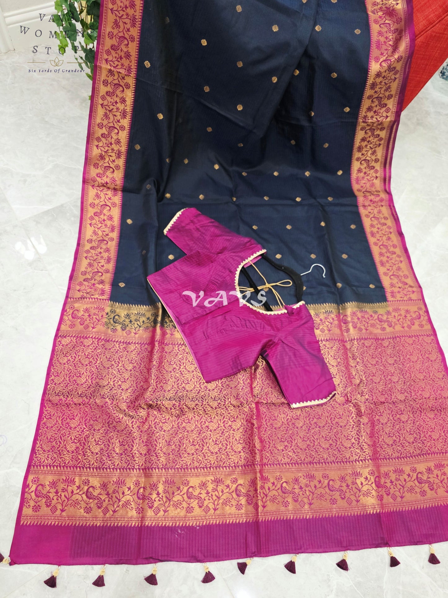 Royal Midnight Navy Pure Kanchi Soft Silk Saree with Rani Pink Paithani Border & Stitched Blouse Size 34-40