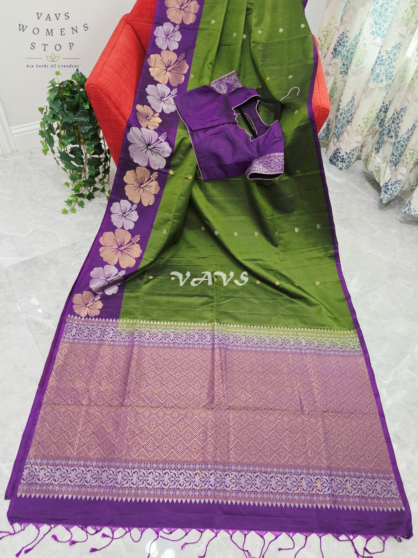Royal Olive Moss Green Pure Kanchi Soft Silk Saree with Lavender Orchid Floral Border & Stitched Blouse Size 38-44