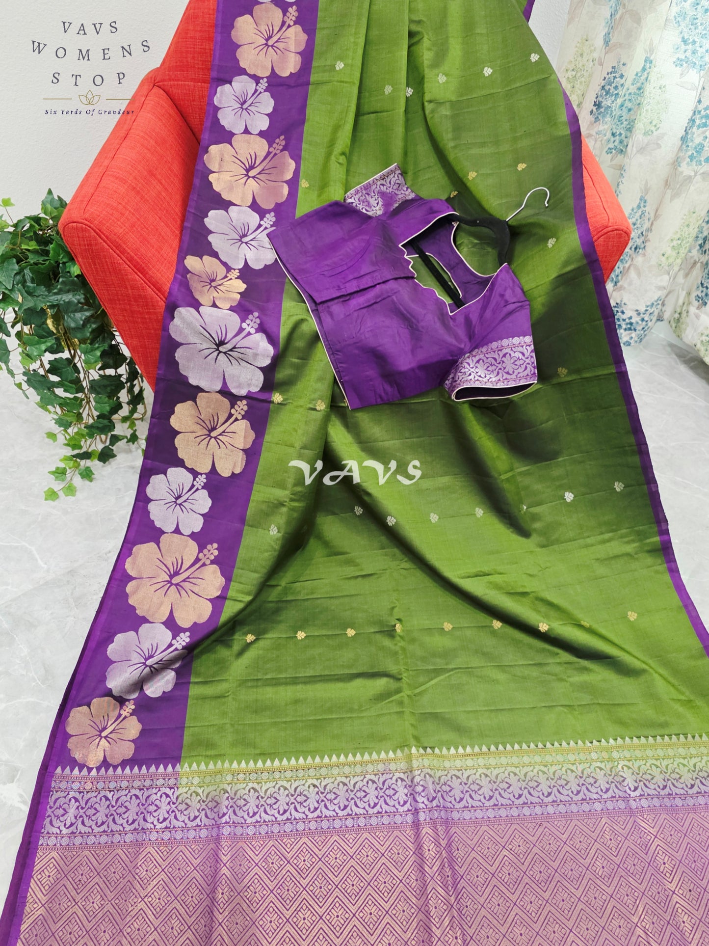 Royal Olive Moss Green Pure Kanchi Soft Silk Saree with Lavender Orchid Floral Border & Stitched Blouse Size 38-44