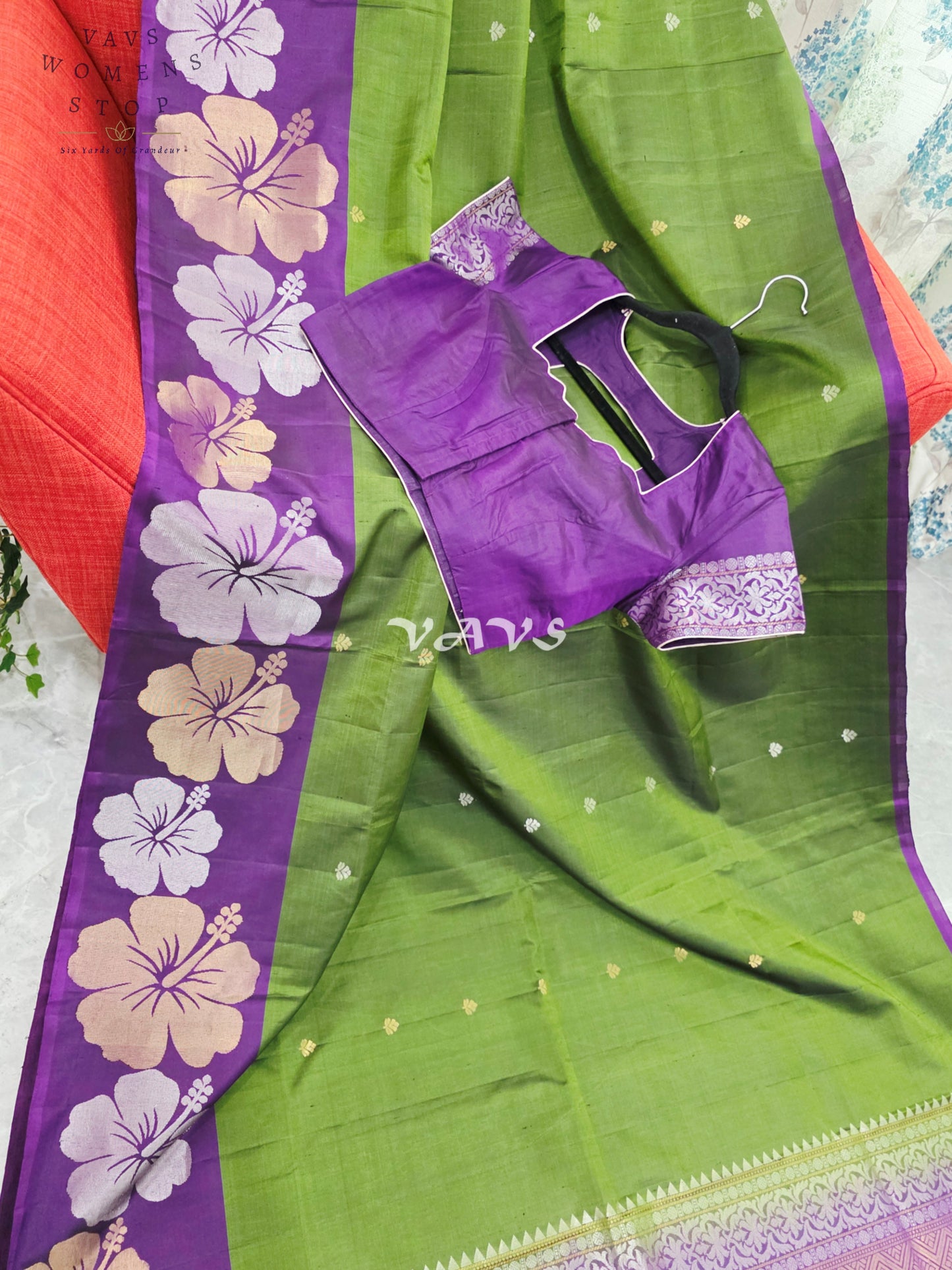 Royal Olive Moss Green Pure Kanchi Soft Silk Saree with Lavender Orchid Floral Border & Stitched Blouse Size 38-44